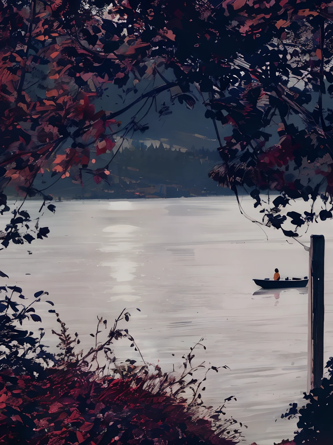 There is a boat floating in the water near the tree, boat in foreground, small boat in foreground, The boat in the foreground has a man, visto ao longe, visto ao longe, from the distance, shot from a far distance, the photo was taken from afar, visto ao longe, Faraway view, shot from afar, ship on lake