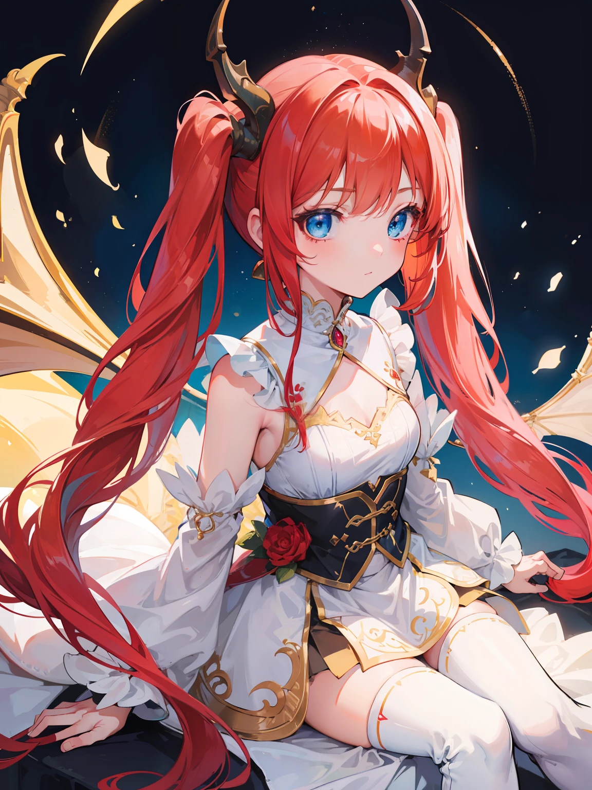 {{best quality}}, {{masterpiece}}, {{ultra-detailed}}, {illustration}, {detailed light}, {an extremely delicate and beautiful},Dragon Horns, girl, solo, Twintails, red hair, blue eyes, cute, fantasy, fantasy style, Dragon Girl,loli,little girl,