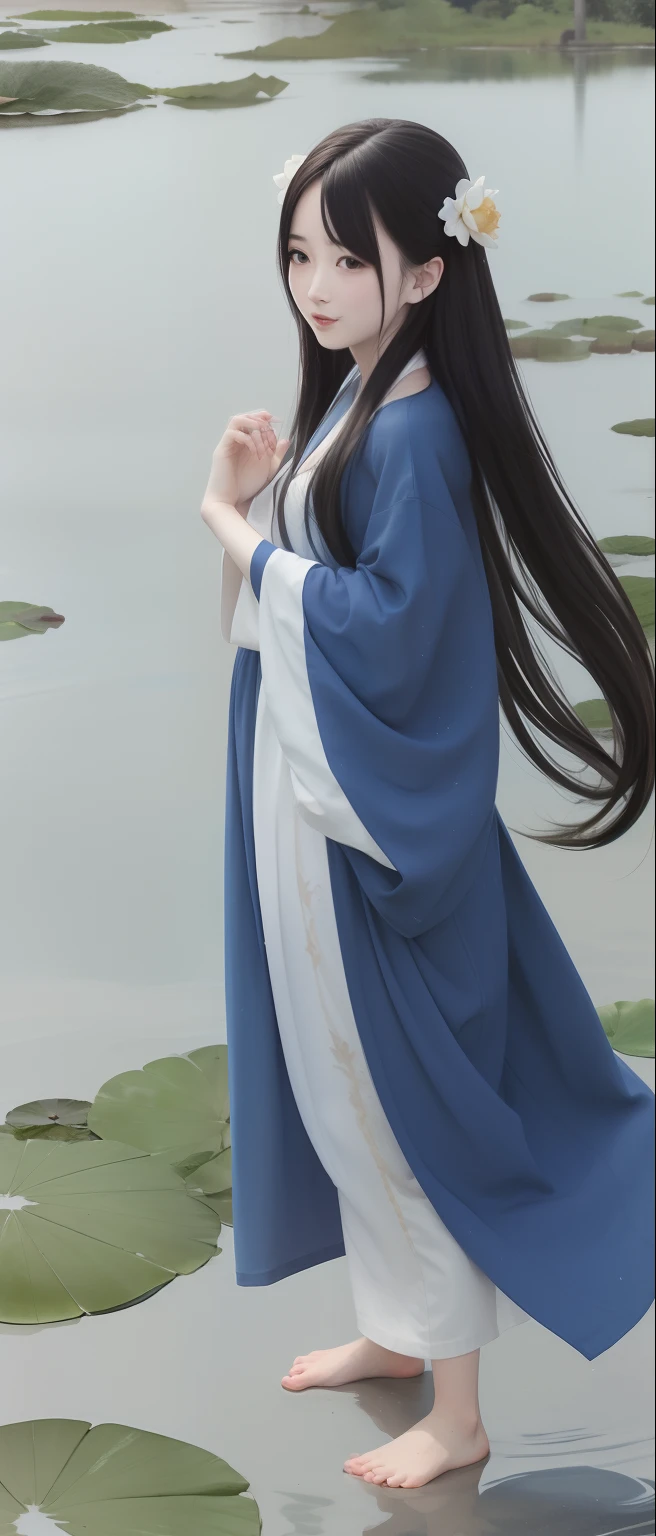 ((4k,masterpiece,best quality)), shuimobysim, traditional chinese ink painting, lotus, hanfu, maxiskit, dress conservatively 1girl, solo, long blue hair, smile, standing, feet in the water, barefoot,