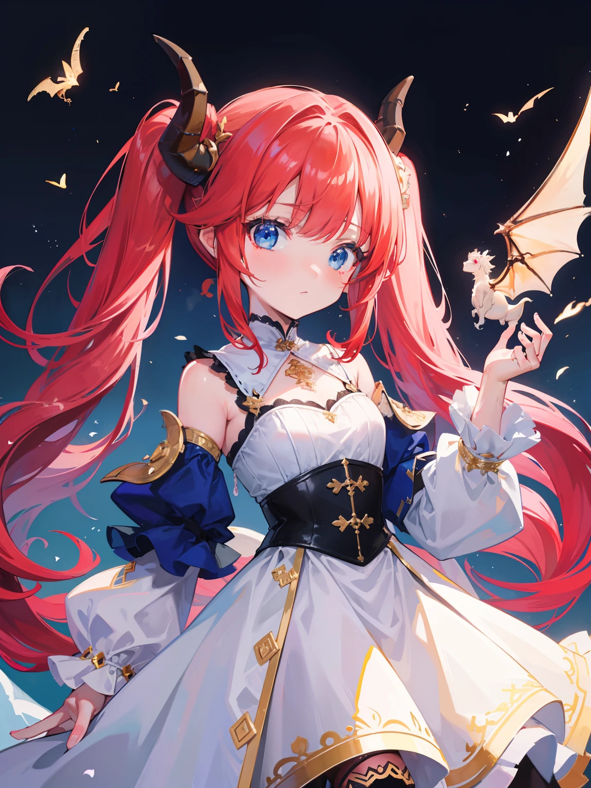 {{best quality}}, {{masterpiece}}, {{ultra-detailed}}, {illustration}, {detailed light}, {an extremely delicate and beautiful},Dragon Horns, girl, solo, Twintails, red hair, blue eyes, cute, fantasy, fantasy style, Dragon Girl,,litt