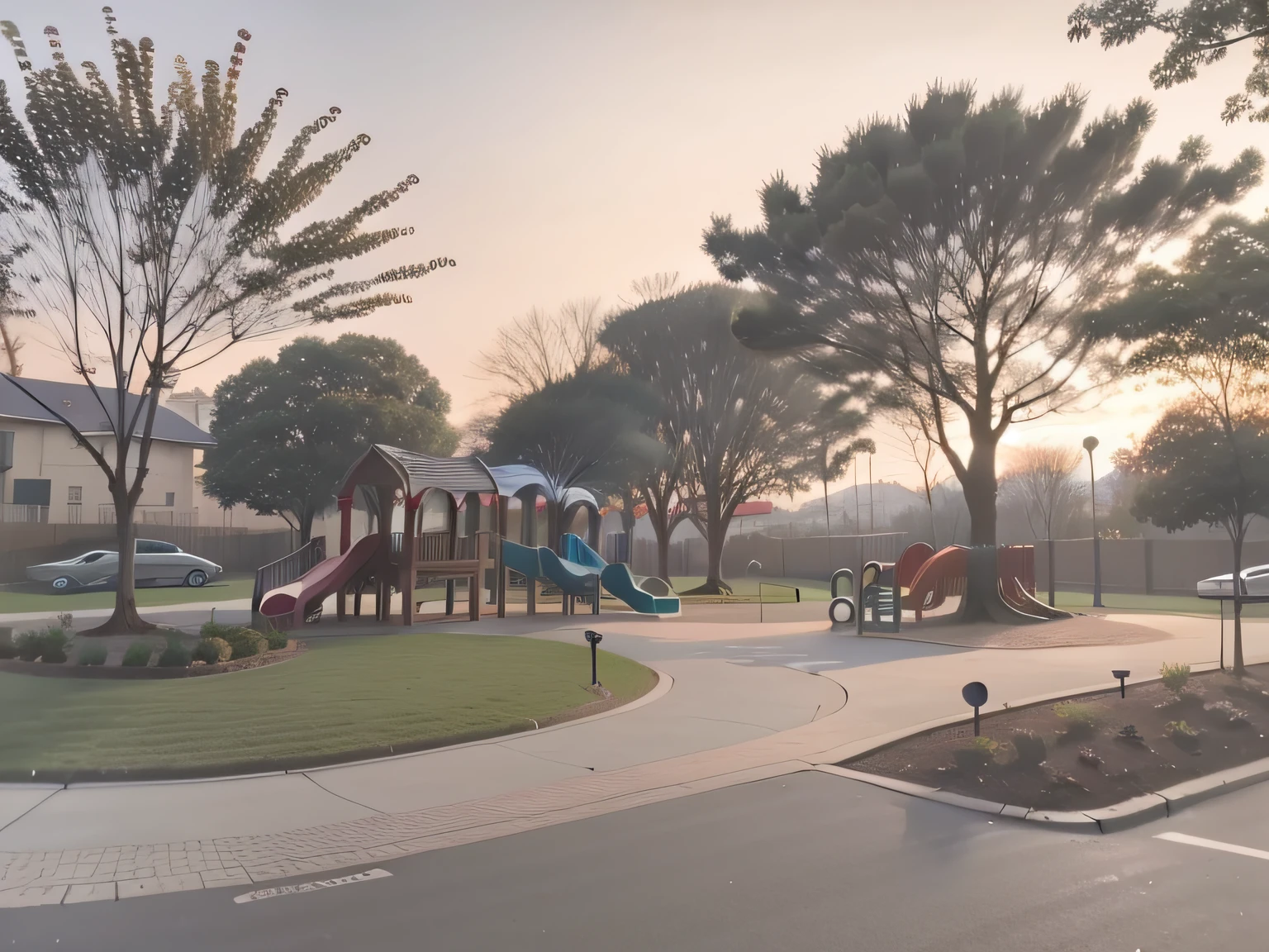 There is a playground in the middle of the residential area, with a park in the back ground, park in background, children playground, with a park in the background, residential area, Beautiful image