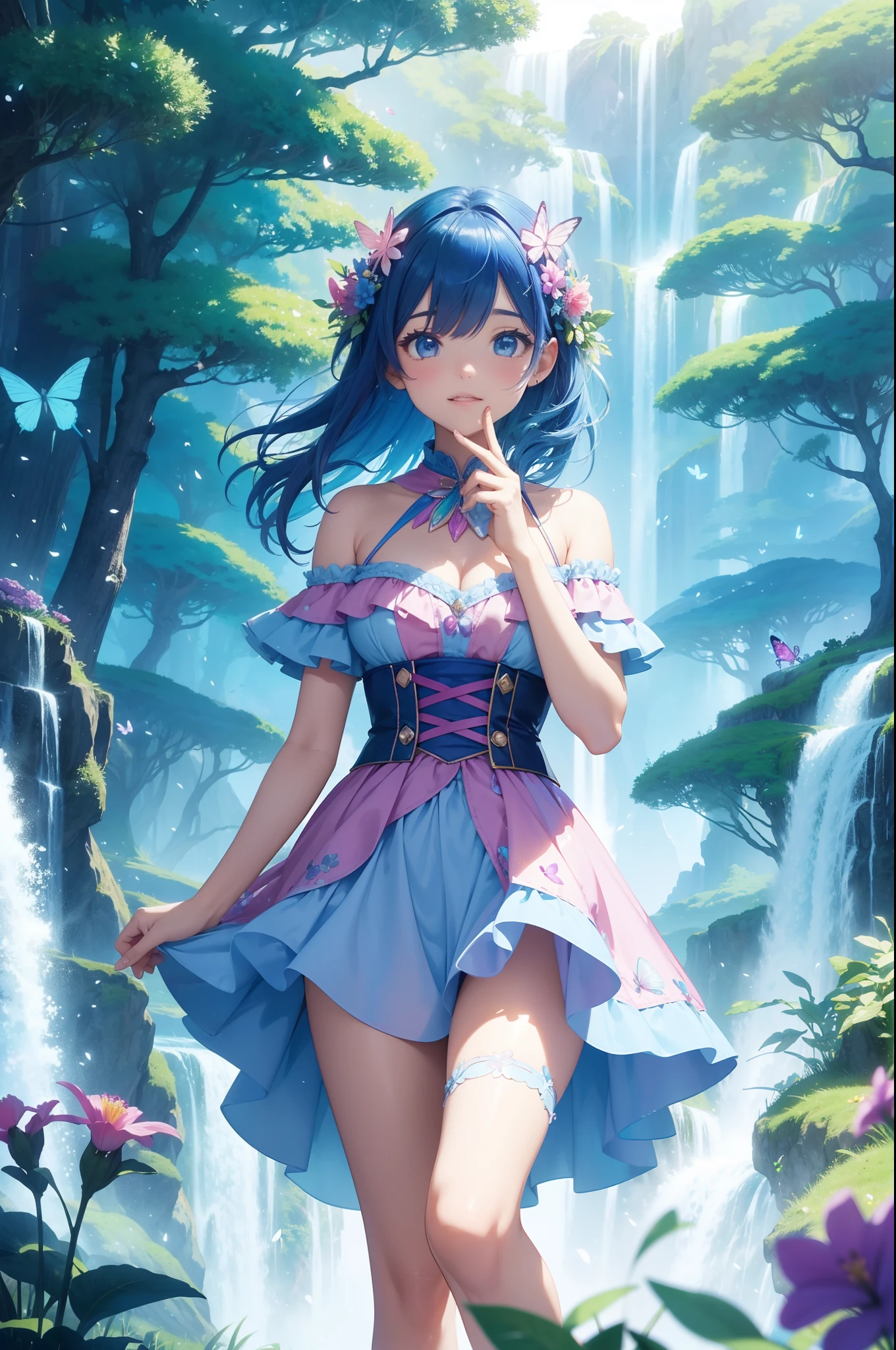 "Imagine a detailed and captivating scene: a psychedelic world bursting with vibrant colors and charming forms, designed to attract a female audience. The setting is a realm where reality merges with imagination. Surreal landscapes feature floating cotton candy clouds and trees with ice cream cone trunks, breathing life into a magical place.
The color palette is an explosion of pastel and bright shades, ranging from gentle blues to vibrant pinks. Giant flowers bloom in every direction, emitting a soft glow and forming a natural rainbow of petals. Rainbow waterfalls cascade down mountains of marshmallow, reflecting sunlight that illuminates the deep blue sky.
Adorable, furry characters—part animals, part fantastical creatures—dance and play throughout the landscape. Their melodious laughter mingles with the soft melodies lingering in the air. Magical butterflies and shimmering fairies add a touch of wonder to an already enchanting atmosphere.
This scene, crafted by artificial intelligence, is an ode to imagination and the realm of dreams, tailor-made to enthrall the female audience with its mesmerizing blend of colors, cute elements, and a hint of marvel. A visual journey that invites one to lose themselves in an enchanted universe where joy and fantasy intertwine."