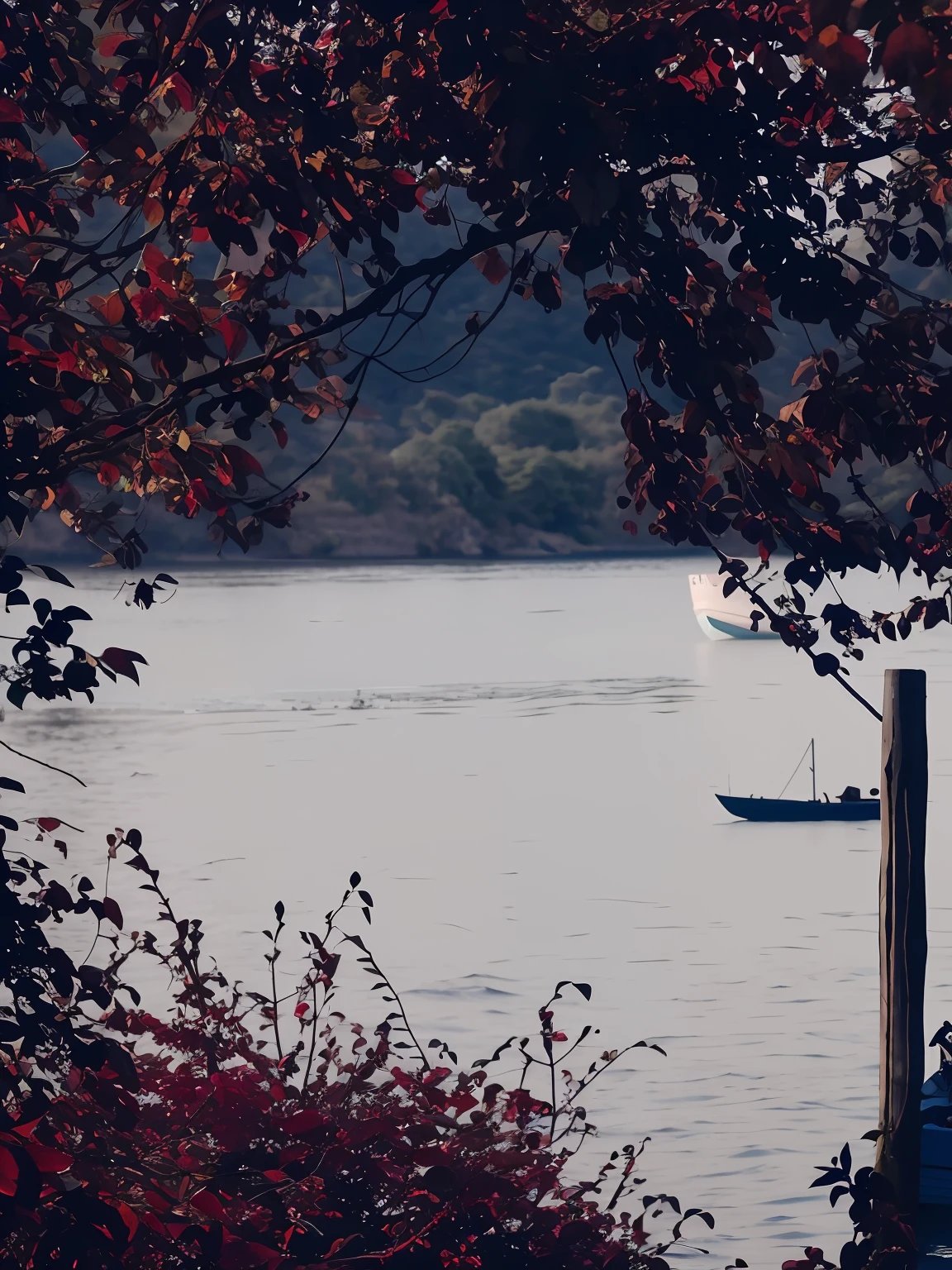 There is a boat floating in the water near the tree, boat in foreground, small boat in foreground, small boat in foreground, visto ao longe, from the distance, visto ao longe, shot from a far distance, the photo was taken from afar, visto ao longe, Faraway view, shot from afar, ship on lake