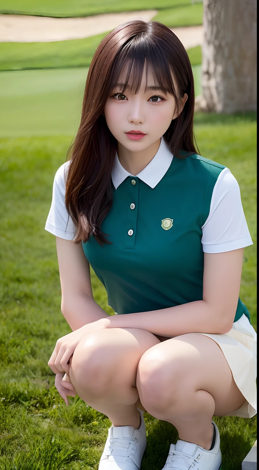 (yinchuan:1.5),, masterpiece, top-quality, Raw foto, Photorealsitic, large full breasts、beautiful and flawless face, Soft smile、20 years girl、Colossal tits、Women's Golf、Golf Wear、greenr、a miniskirt、clean legs、crouching down、depth of fields, hight resolution, ultra-detailliert, finely detail, ighly detailed, extremely detailed eye and face, Sharp pupils,