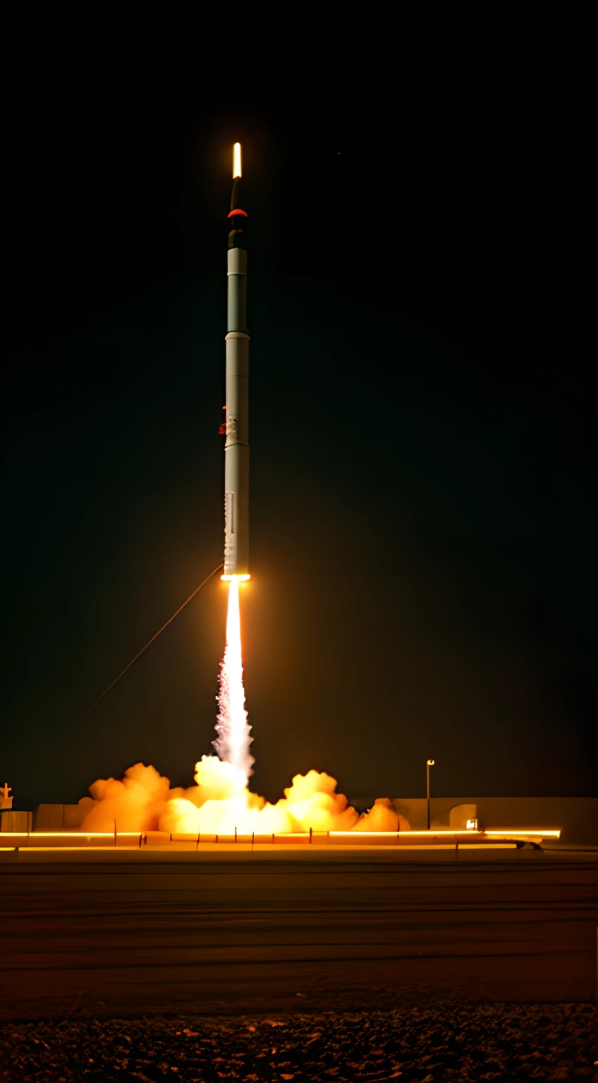 {An intense moment in the 1960's, a nuclear missile, its exhaust flames lighting up the night sky, embarks on a formidable journey. The clear night reveals its destination - the innocent, gleaming moon standing still in the vast cosmos.}, Vintage Photograph, Cold War Era, Art Station, 35mm, Long Shot, (sepia:1.3), (Golden ratio:1.1), (neon lighting:1.2), (detailed:1.25)