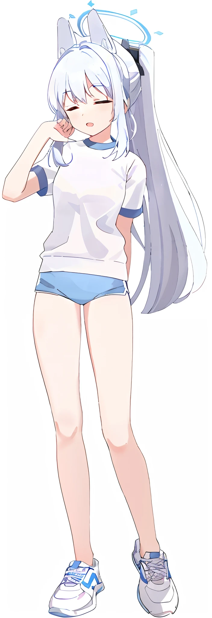 Anime girl with long hair white shirt and blue shorts, distant full body view, anime full body illustration, Silver hair (pony tails), full body portrait of a short!, anime visual of a cute girl, with long white hair, Single character full body, Perfect white haired girl, long white hair, wearing white straitjacket, Anime girl with long hair