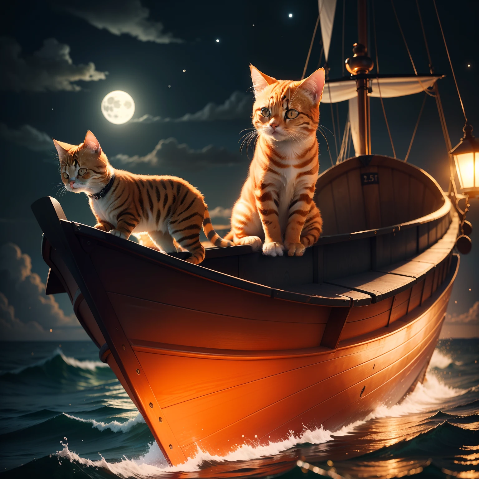 An orange cat rides a wooden boat in the ocean at night，Moonlight shines on the kitten