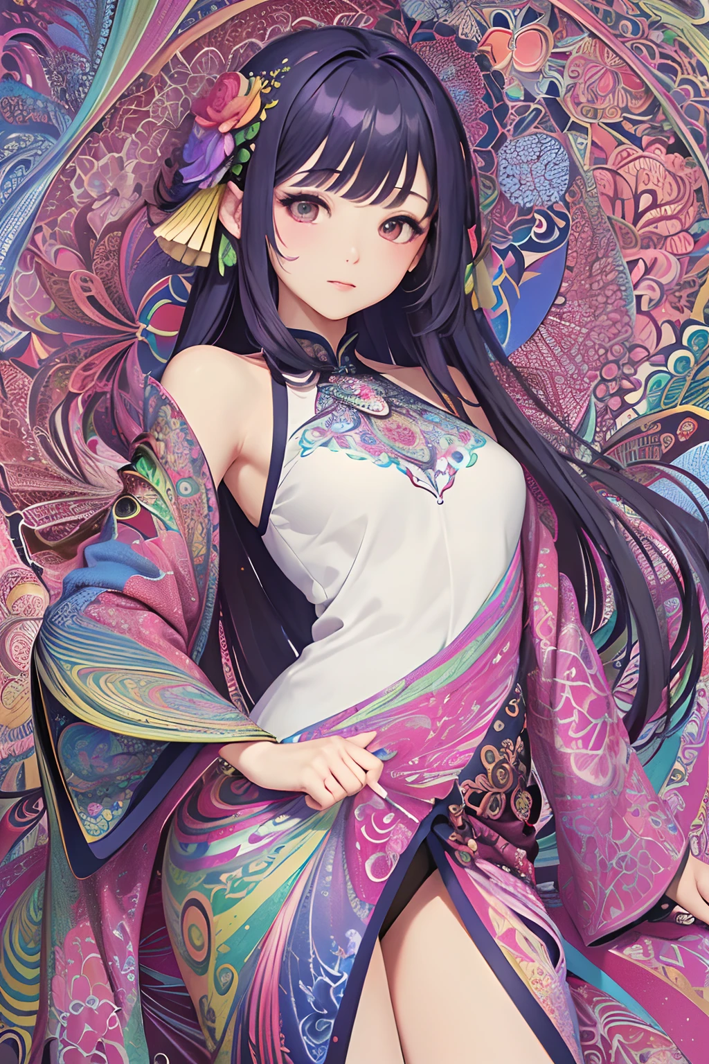 (masterpiece、top-quality、top-quality、Official Art、Beautifully Aesthetic:1.2)、(1girl in:1.3)、ighly detailed、(Fractal art:1.1)、(colourfull:1.1)(florals:1.3)、highestdetailed、(Zentangle:1.2)、(dynamicposes)、(abstract background:1.3)、(shinny skin)、(many colors:1.4)、、(耳Nipple Ring)、(pluma:1.5)、(fe:1.3)、Red background、Dragon Dress、