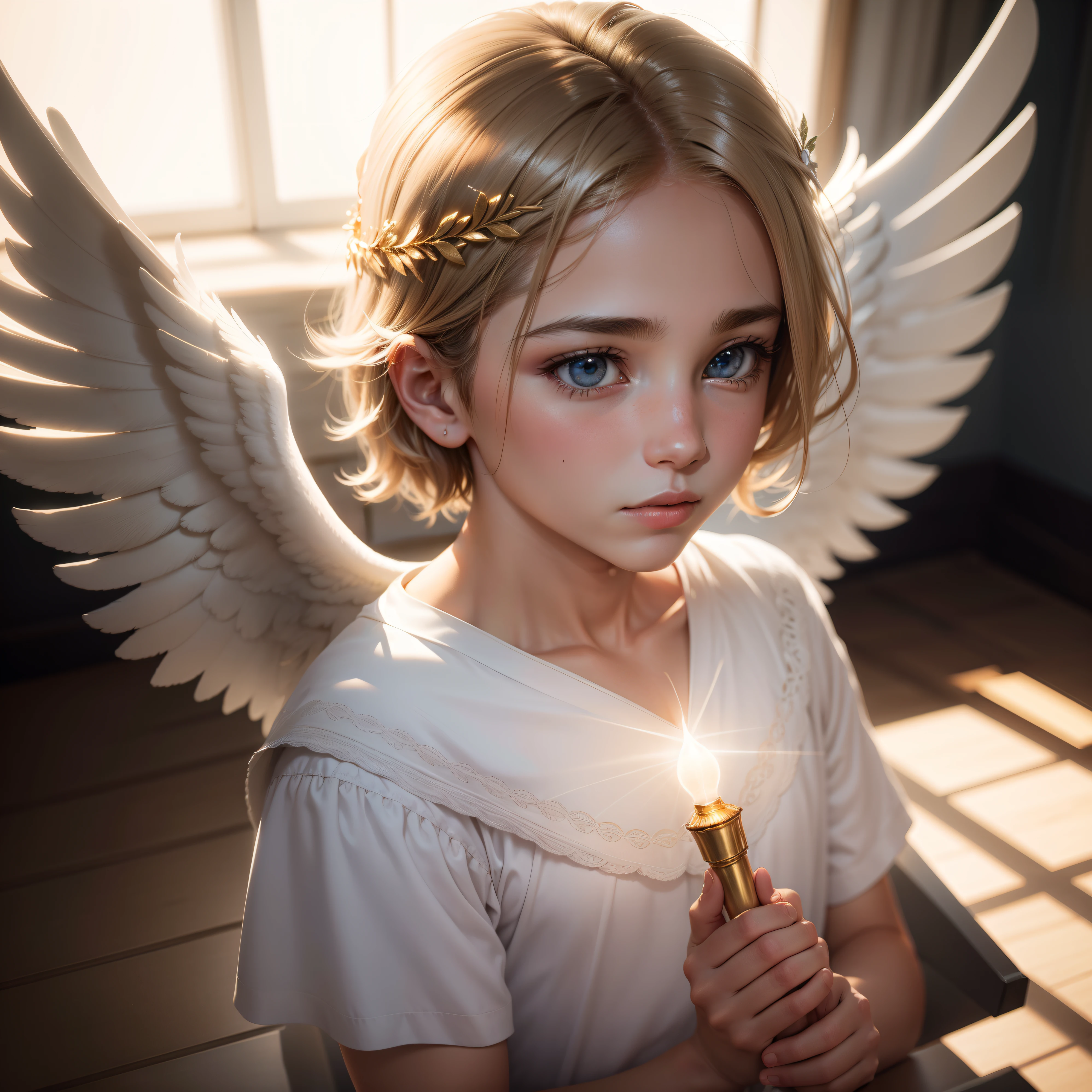 Anjo masculino iluminado, angelical, light around the head, fotorealista, 4k, foco, detalhado