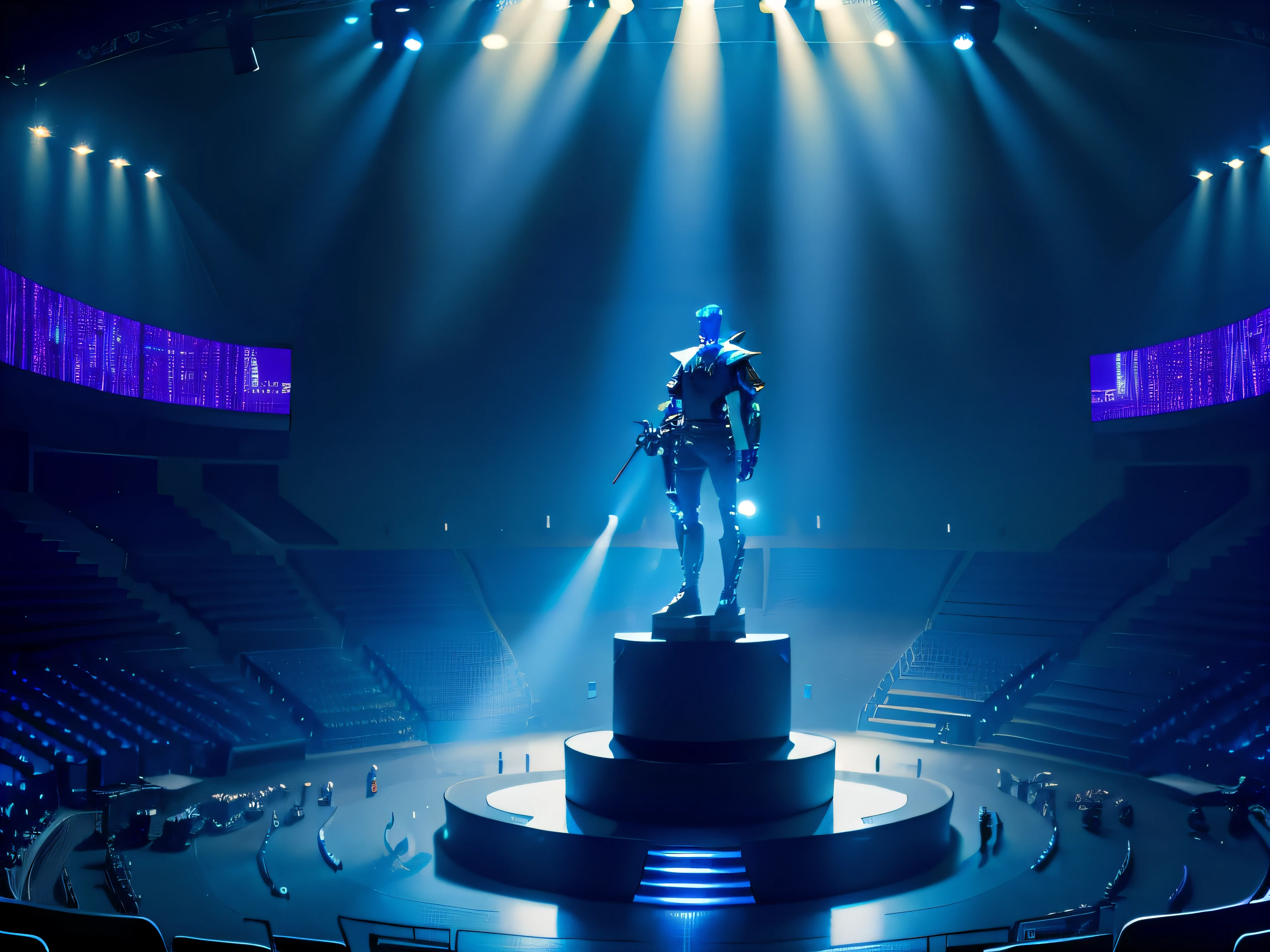 Esports venues,cyber punk style,Overall blue-black gold tone,There is a championship trophy in the center of the stage,Large screen in the center of the sky,The electronic screen is highlighted,There are surround auditoriums,The auditorium was packed,Electronic screens are interspersed in the auditorium