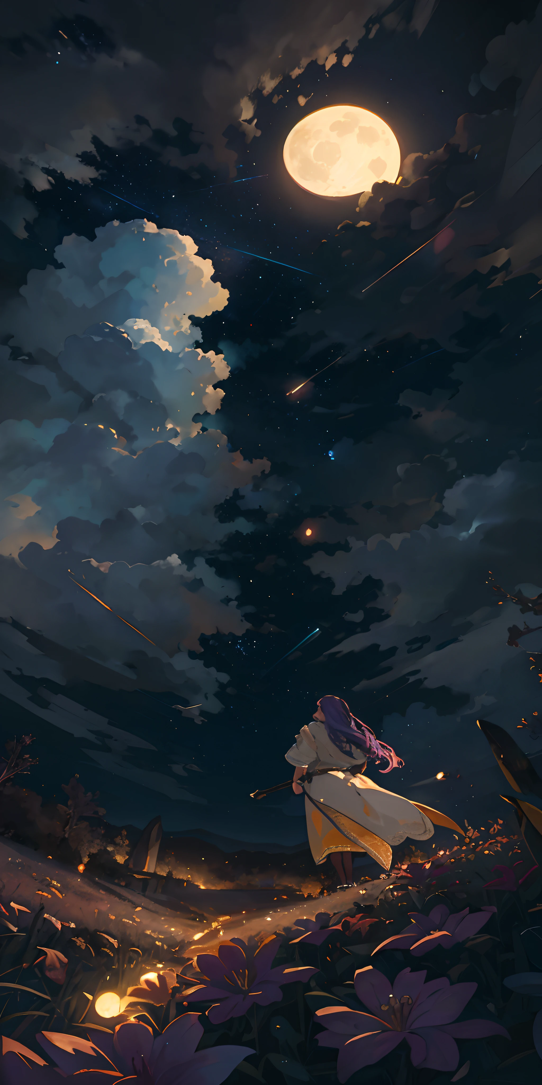 A wide landscape photo, (viewed from below, the sky is above, and the open field is below), a girl standing on a flower field looking up, (full moon: 1.2), (meteor: 0.9), (nebula: 1.3), distant mountains , Trees BREAK Crafting Art, (Warm Light: 1.2), (Firefly: 1.2), Lights, Lots of Purple and Orange, Intricate Details, Volumetric Lighting BREAK (Masterpiece: 1.2), (Best Quality), 4k, Ultra Detailed, (Dynamic Composition: 1.4), Rich in Detail and Color, (Rainbow Color: 1.2), (Glow, Atmospheric Lighting), Dreamy, Magical, (Solo: 1.2)