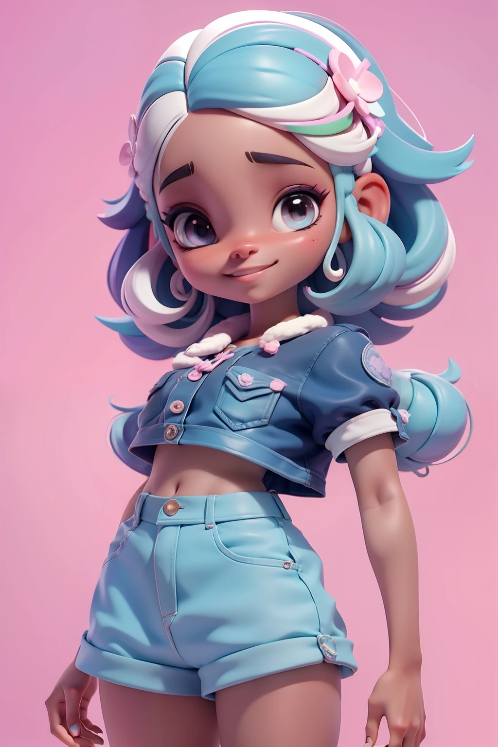 Avatar adolescente negra, tons pastel, sorriso meigo e delicado, Modern clothing and accessories, corpo inteiro,pele clara e olhos delicados e cabelos multicolor, fundo simples e branco