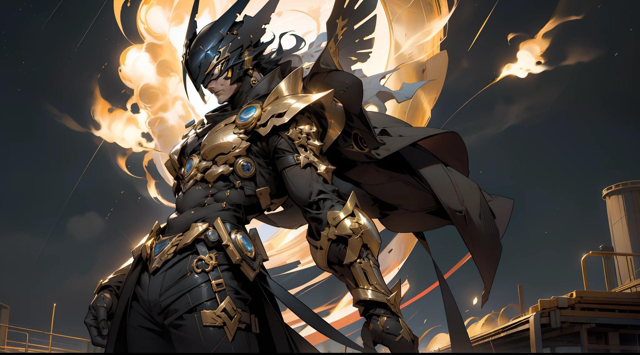 Obsidian Gold Kamen Rider，Suspended in the air，sci-fy，Fire magic，perfect bodies，the night，The sky radiates with golden light，divino，Majesty，starryskybackground，god light
