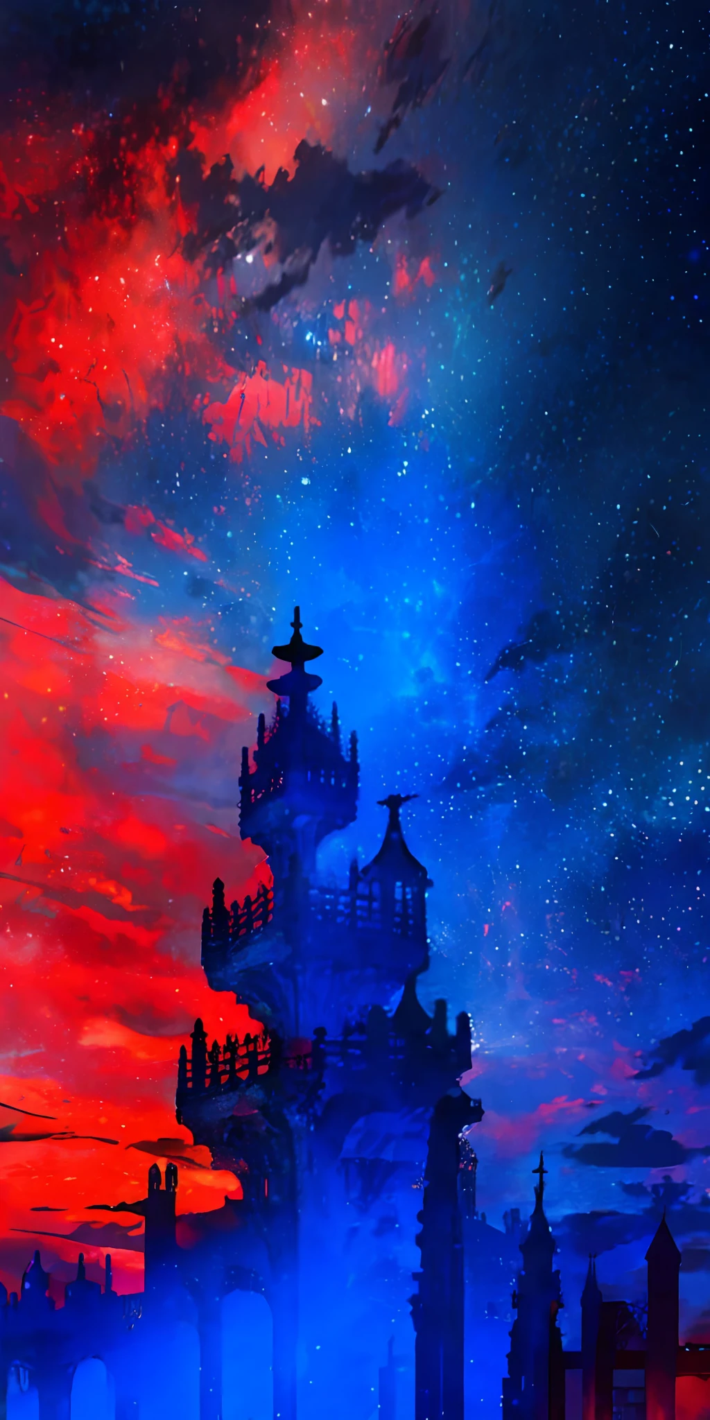 towers of god, blue towers, violet, blue, red, god, red sky, violet sky, starry sky, stars, starry towers, starry god, light blue, civilization, order