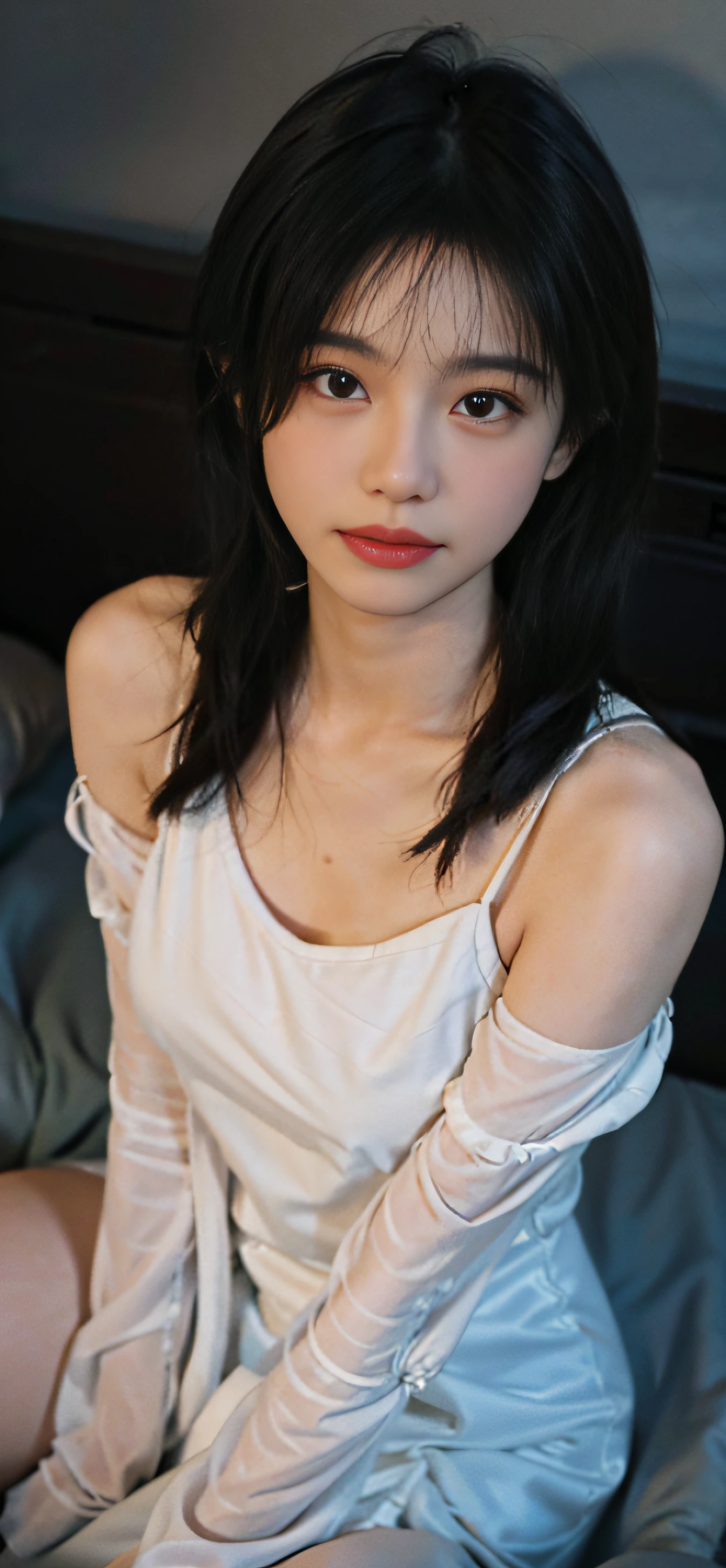 no. 103,closeup cleavage,The upper part of the body,facial closeups,An extremely delicate beauty,extremely detailed nipple,8k wallpaper,astounding,finely detailled,light in face,1girll,ssee-through,full bodyesbian,black lence stockings,sit on a bed,Sell moe,adolable,vivaciousness
