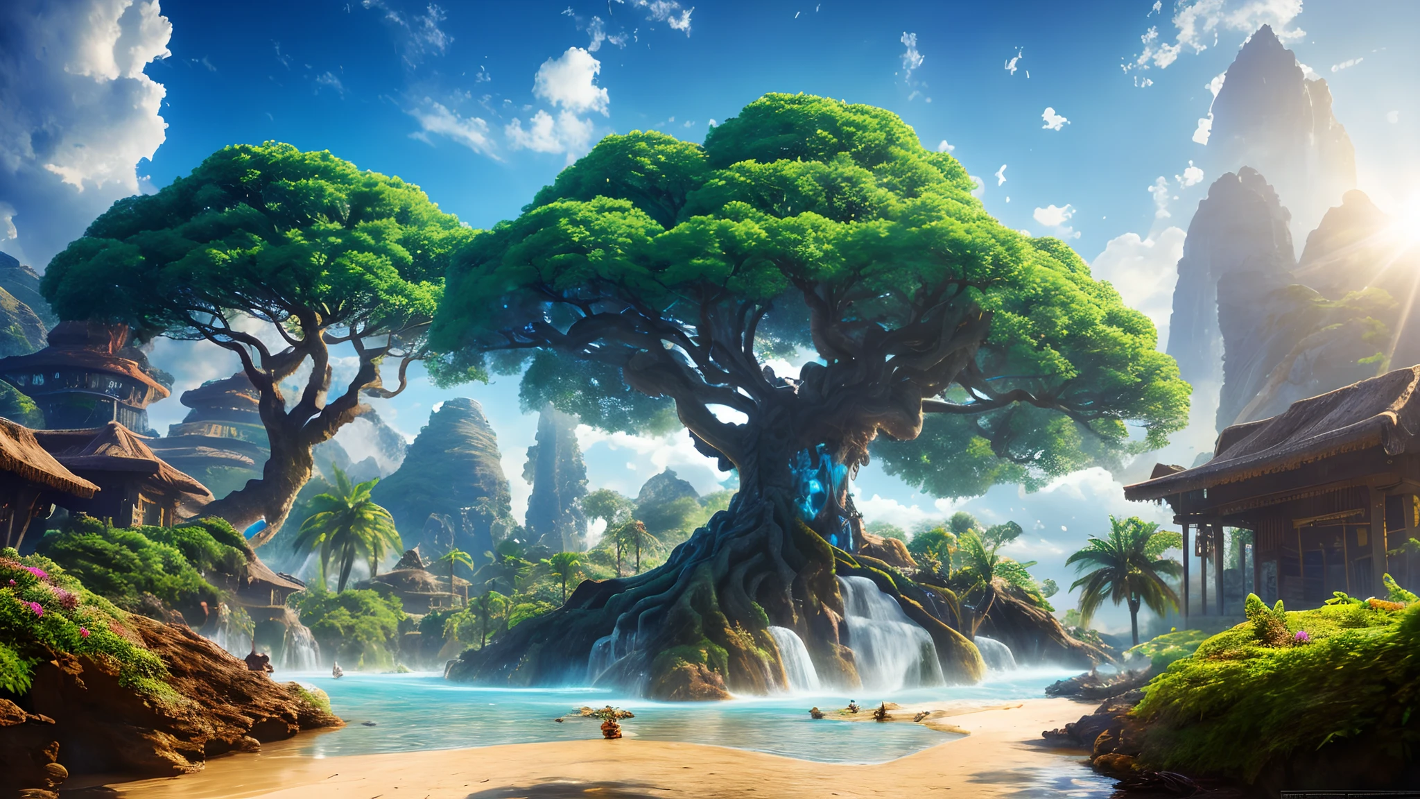 masterpiece, best quality, high quality, extremely detailed CG unity 8k wallpaper, a hyperrealistic colossal cyan raintree, in a futuristic prehistoric village, splashing water, sandy debris, lens flares, sunshaft, fluffy clouds, Hyperdetailed, HDR, bloom, Photorealistic, hyperdetailed
