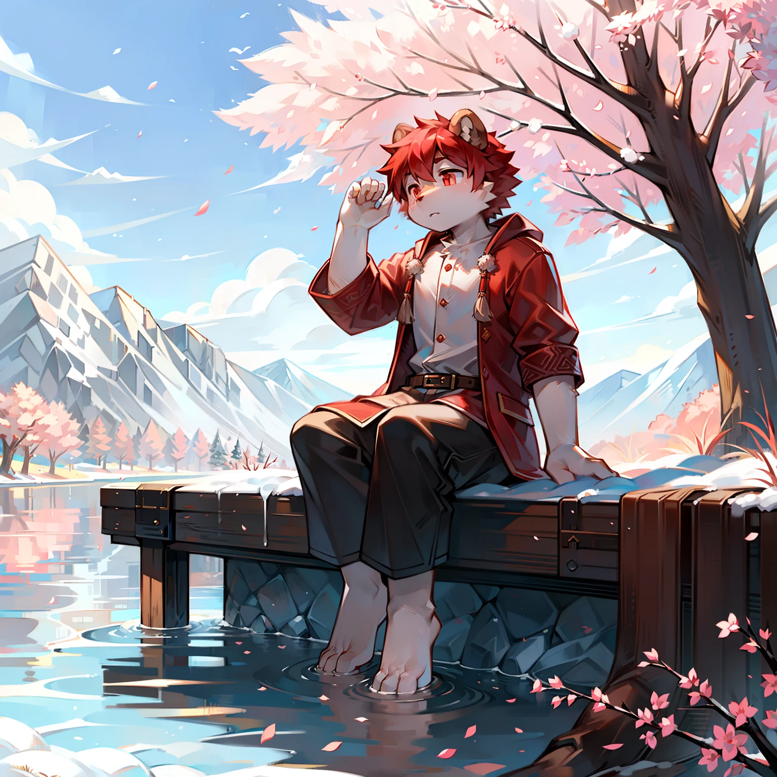 brown bear，sitting on the bank of the river，Sitting down，Fire-red pupils，Beast too，Shota，Leaning against a tree，Peach blossom tree，Pear blossom tree，White petals and pink petals，solo person，A flame burning in the palm of your hand，A procession of merchants walking in the distance，Clear river water，Look into the distance，Snow and ice melt，Hand up
