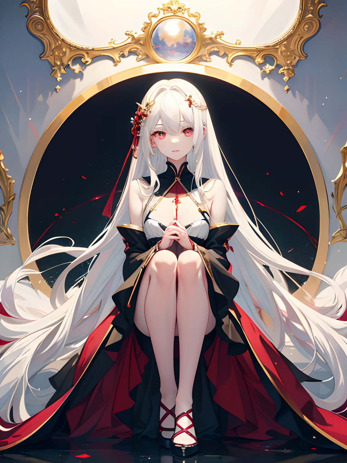 ((masterpiece, best quality)), beautiful and delicate eyes, delicate face, 1girl, long white hair, red eyes, small breasts, looking at the audience, blood on the face, (black background: 1.2), bloody particles, full body,