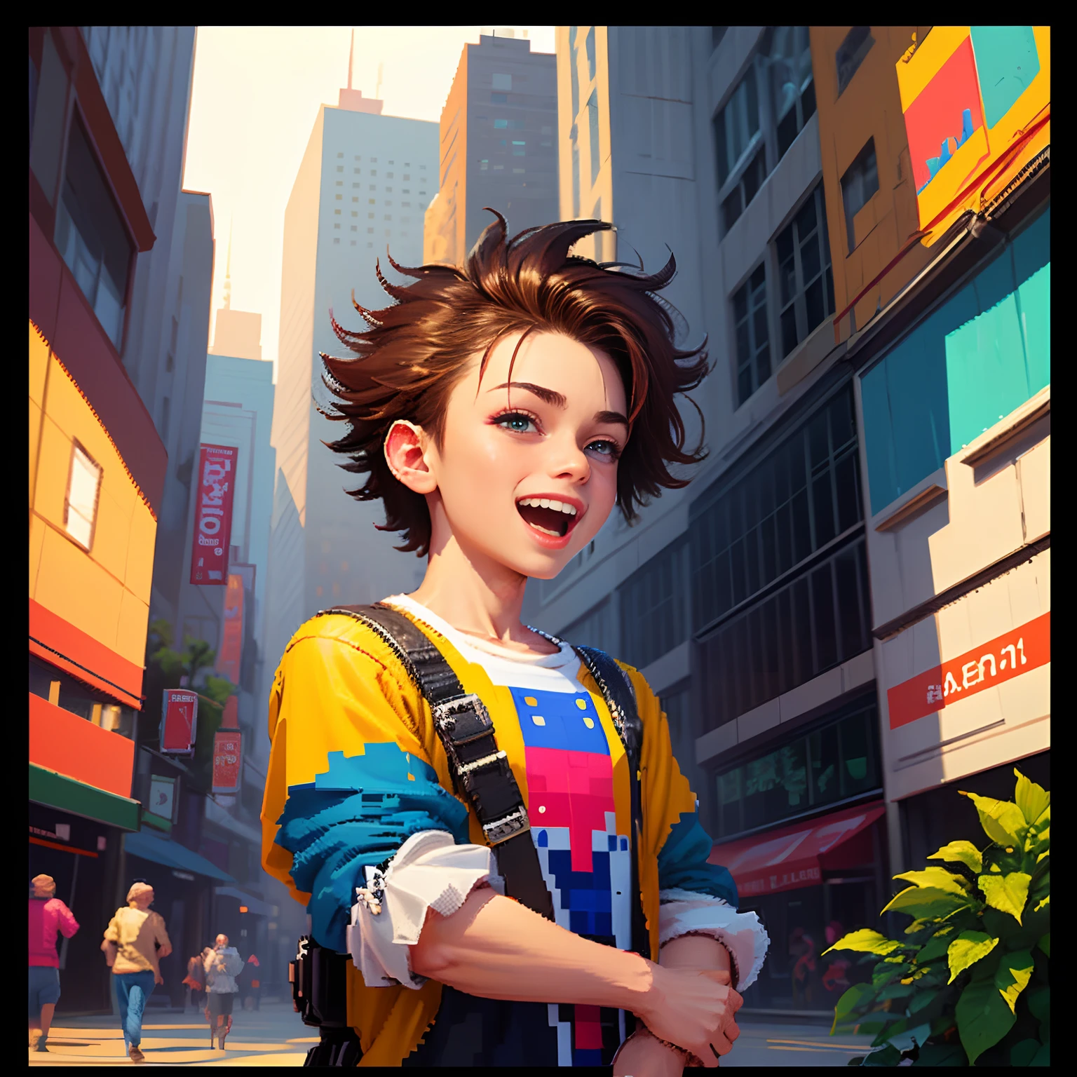 (Extremely detailed, pixel-perfect), pixelartwork, Best quality, best pixel art style, Multi-layered, vibrant, High contrast, Dynamic Angle, Intricate details, (1 boy),(Colorful,unique clothes), (facial feature:open-mouth expression+Smile), pixel art eyes and hair, (pixel art foreground:pixel art plants+pixel art objects), (pixel art background:cityscape or urban scene), (pixel art filter:Retro/8 bit/16-bit aesthetic)