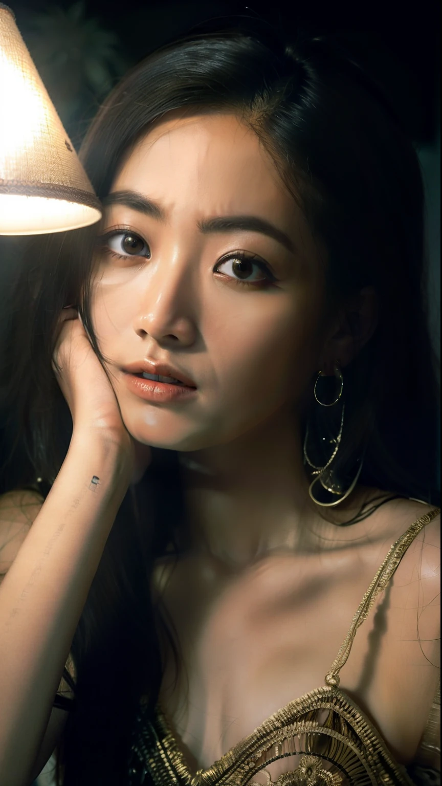 Best Quality, Masterpiece, High Detail, Realistic, High Definition, Tall Body, (small breasts), Jungle, beautiful and clear eyes, beautiful and clear eyes, beautiful and clear eyes, , Indonesia, Ancient, Night, Ancient Costume , making an erotic face, making an face, lamp, very little light, very dark, very dark, no light, foggy