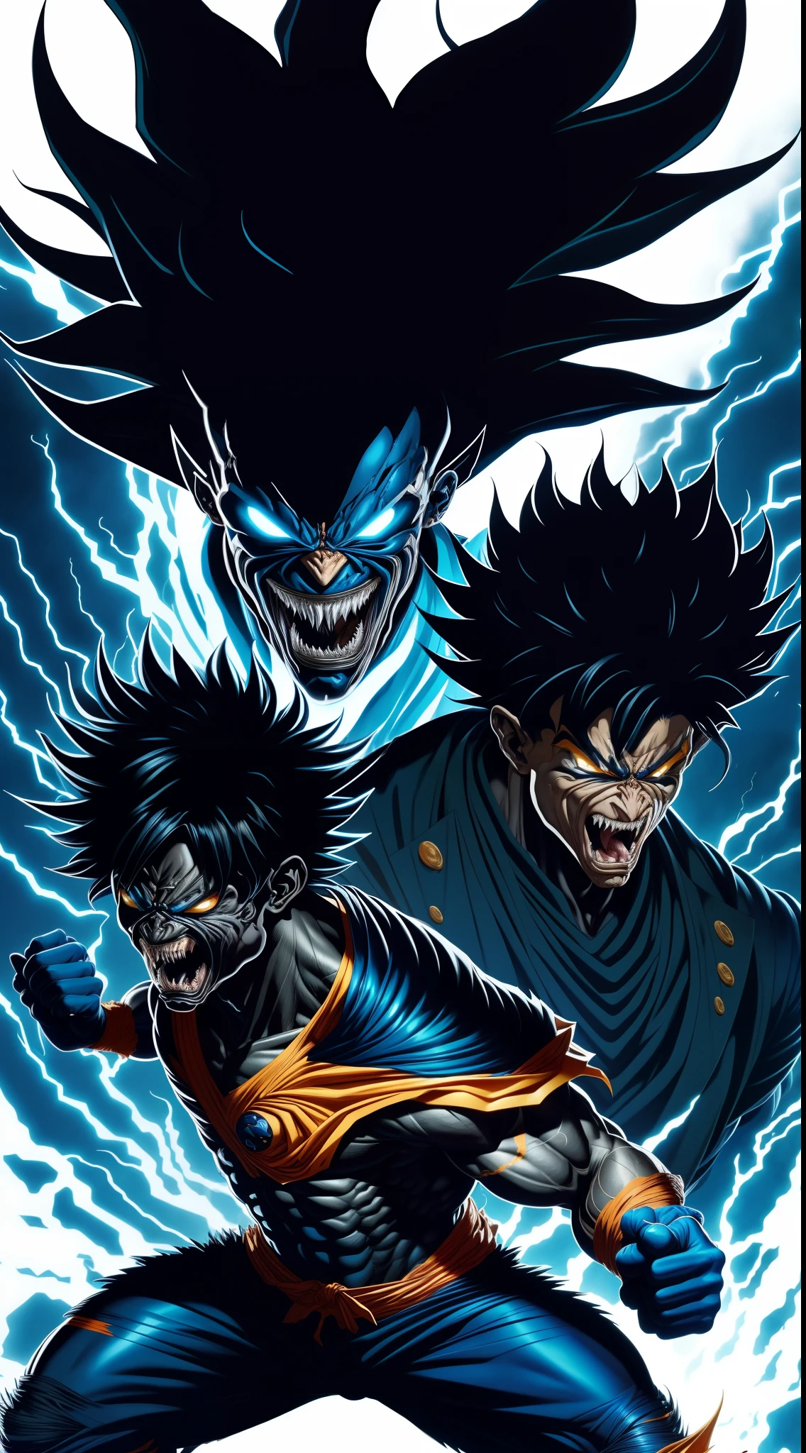Venom and Goku merge, corpo inteiro,Traje ?????, viruses, tongue out, Cabelo Sayajin, Aura amarela, Musculoso, Rosto Aterrorizante, boca aberta, gigante corpo, Realistic, hyperdetailed, Ultra HD,8K,Fundo noite cidade