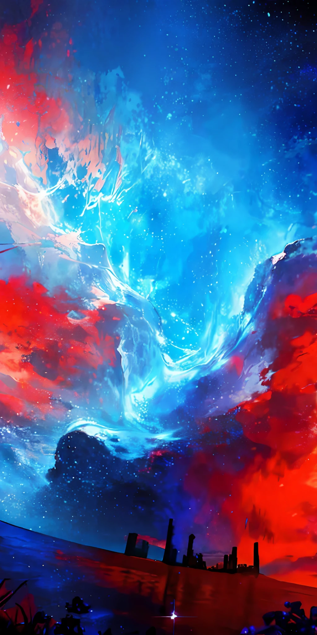 towers of god, blue towers, violet, blue, red, god, red sky, violet sky, starry sky, stars, starry towers, starry god, light blue, civilization, order