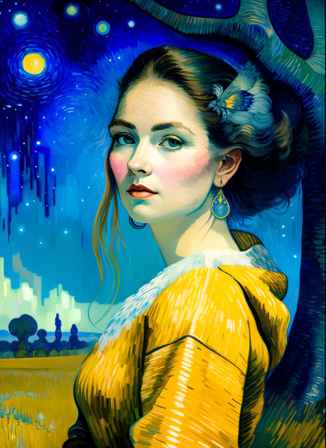 close up portrait, a female traveller in the wilds of eldraine, vincent van gogh, andy kehoe , intricate detail, symmetry, in a beautiful dream, alfred sisley , oil painting, fairy tale theme, she is confident, radiant vista, plains backdrop during winter, concept art,