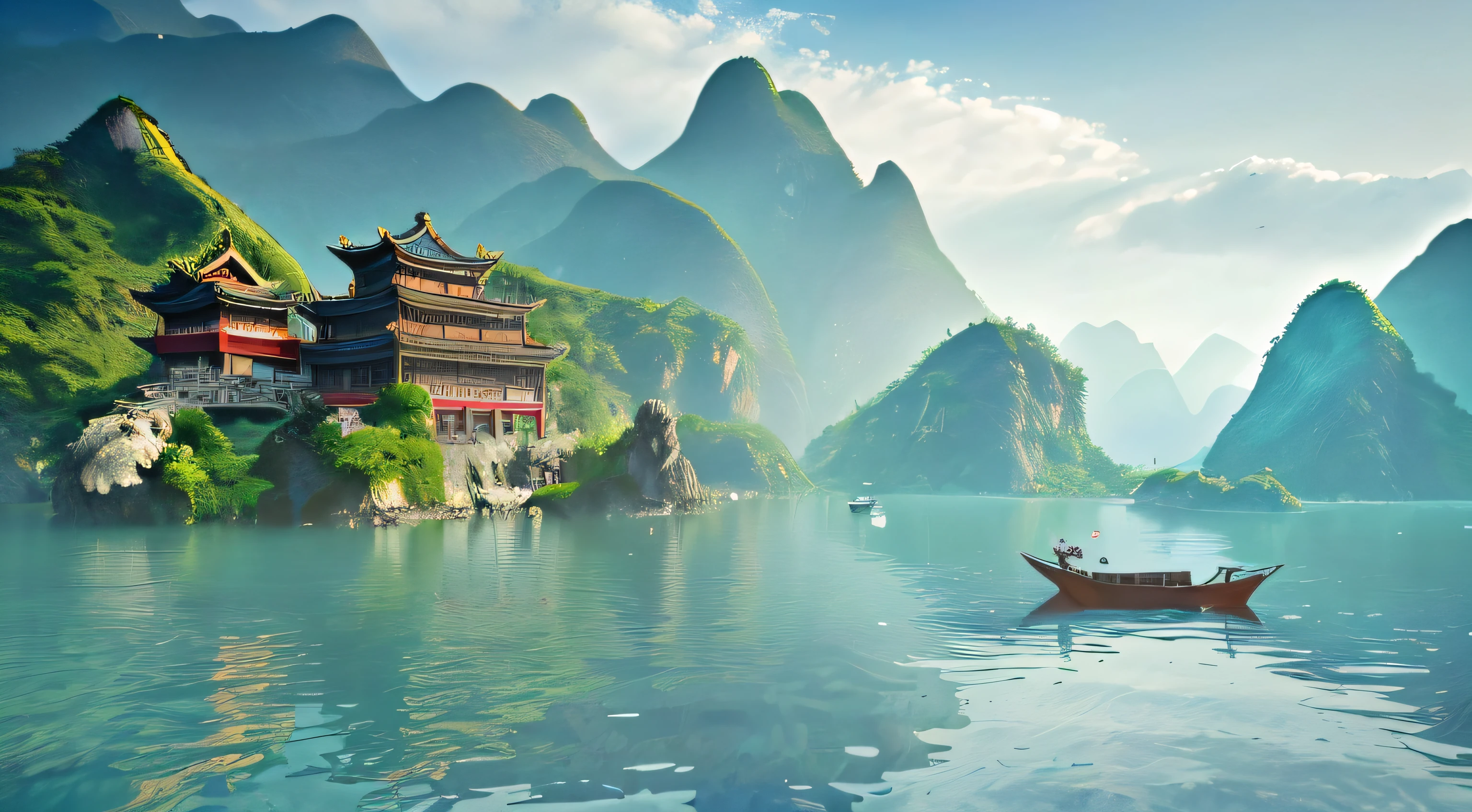 there is a boat that is floating in the water near a mountain,dreamy Chinese towns,beautiful mattepainting,epic matte painting of an island,Chinese landscape,Beautiful rendering of the Tang Dynasty,beautiful landscape rendering,matte painting scenery,beautiful matte painting,high quality matte painting,3D rendering matte painting,Anime landscapes,matte painting in fantasy style,dreamy matte painting。