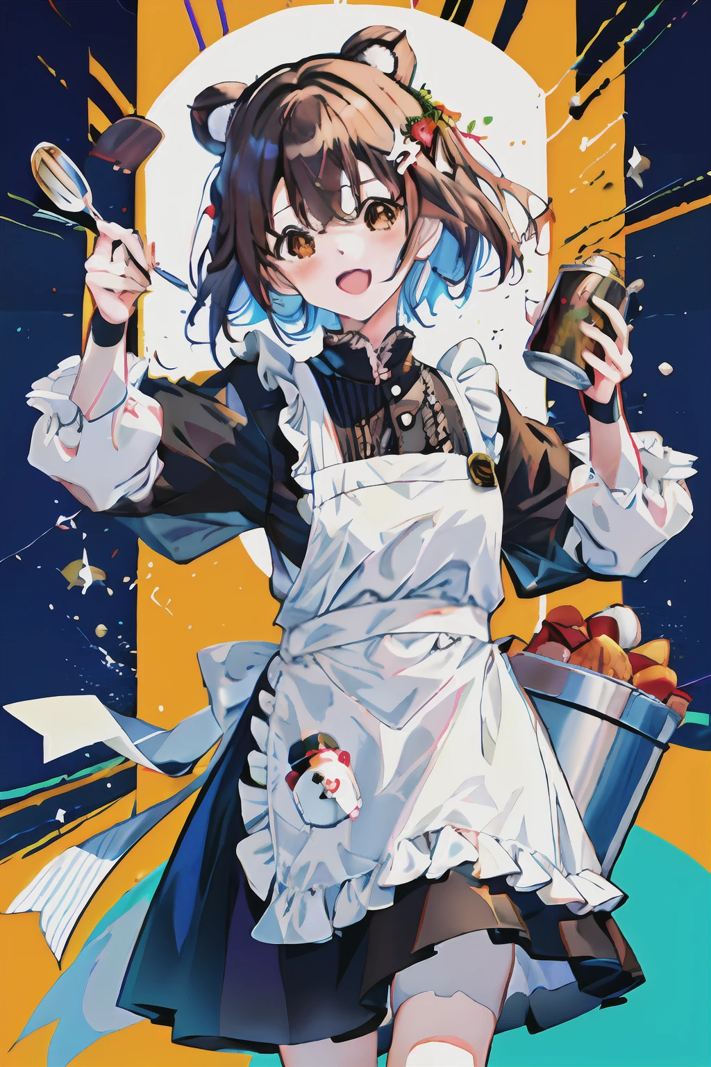 Anime characters holding a basket of food and scissors in their hands, Loli, Official artwork, offcial art, ( Waitress ) Girl, anime girl in a maid costume, anime moe art style, Cooking, An anime cover, Splash art anime Loli, by Shinoda Toko, ❤🔥🍄🌪, From Arknights, soda themed girl, Maid outfit