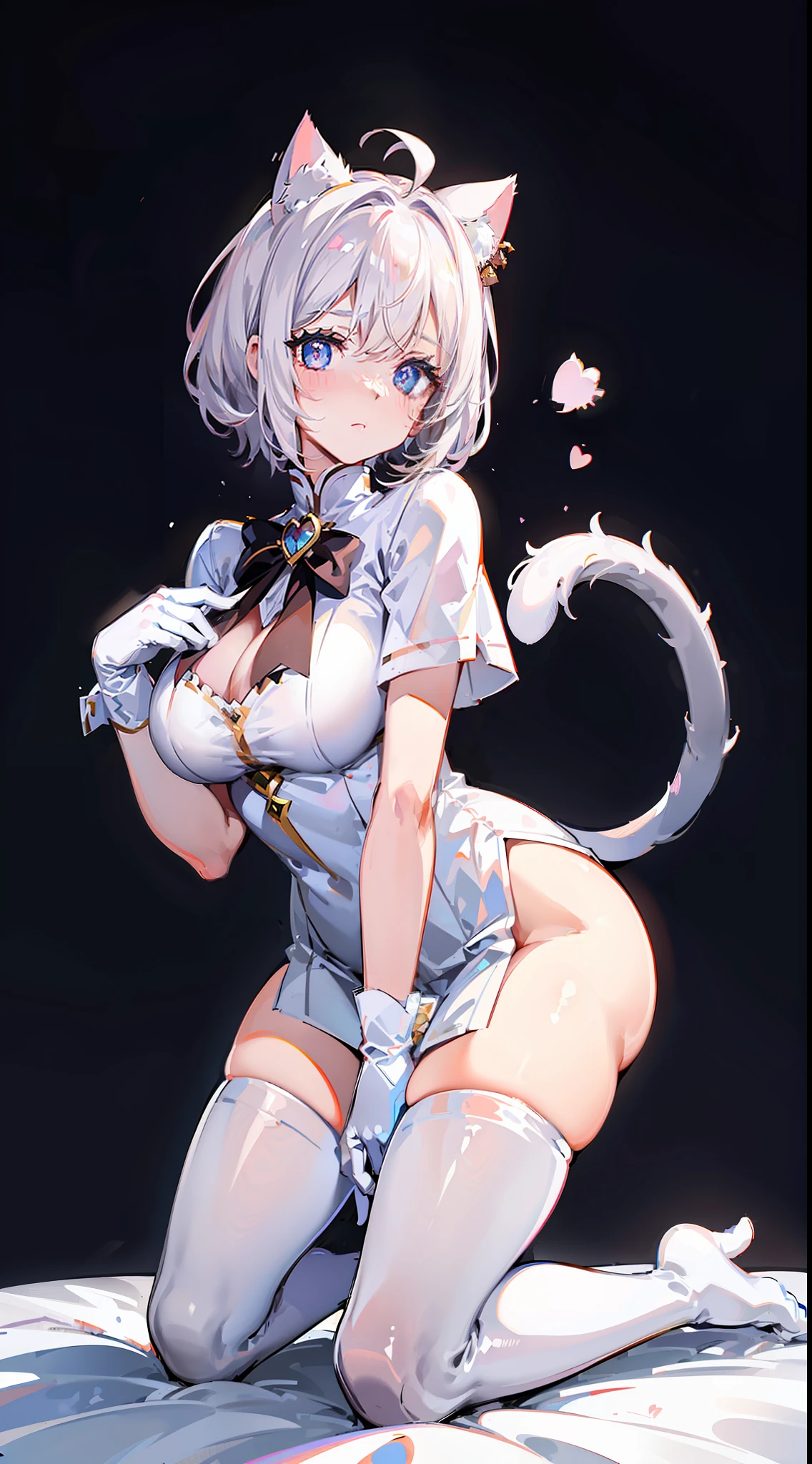 Blush, ((((White color blouse)))),  white long boots, (on top of the bed), Kneeling, D-cups, White hair, ahoge, Heart-shaped pupils, blue color eyes, (((((cat ear))))), is shy，White gloves， torogao, Reflectors, Yandere, anime big breast, Chiaroscuro, Ray tracing, shadowing, hyper HD, Masterpiece, Accurate, Anatomically correct, Textured skin, Super detail, High details, High quality, Award-Awarded, Best quality, A high resolution, 16k，(There is love around you)，((((Tempting))))