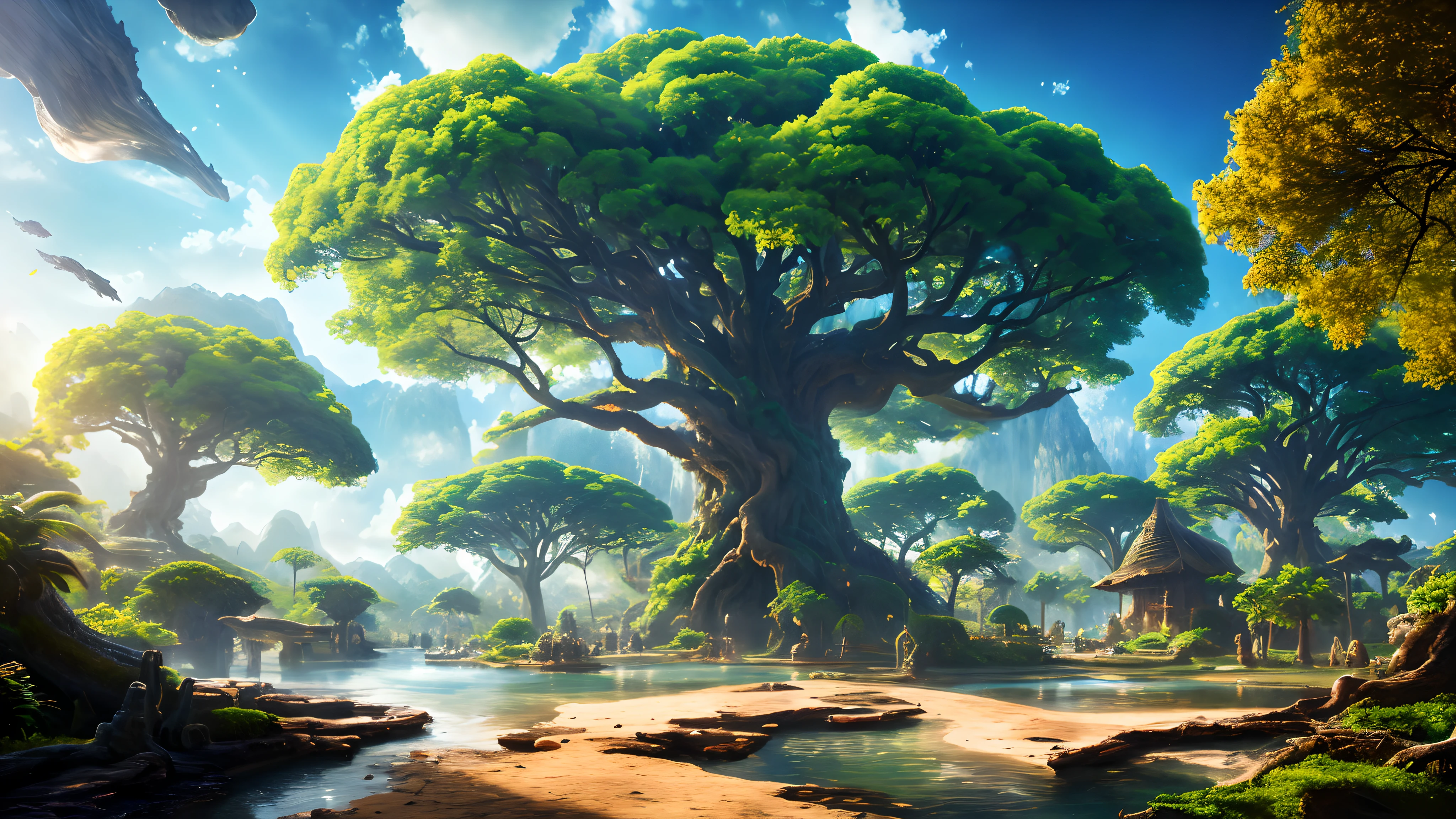 masterpiece, best quality, high quality, extremely detailed CG unity 8k wallpaper, a hyperrealistic colossal cyan raintree, in a futuristic prehistoric village, splashing water, sandy debris, lens flares, sunshaft, fluffy clouds, Hyperdetailed, HDR, bloom, Photorealistic, hyperdetailed