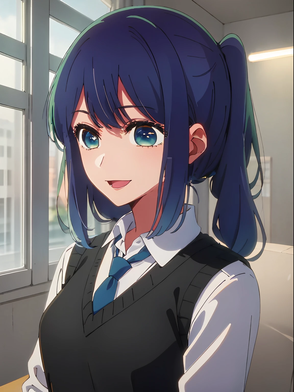 beautiful lighting, 1girl in, 独奏, Akane, white shirt, Sweater Vest, Black vest, Blue tie, ((anime styled))、((2D))、A smile、Open your mouth、poneyTail