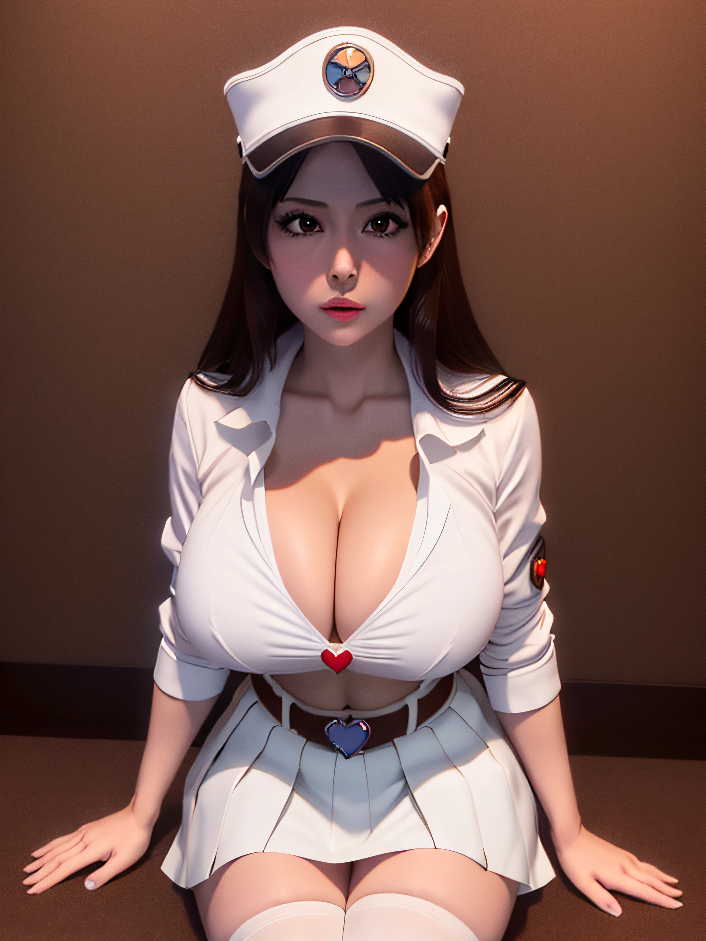 bambietta, solo, white military form, deep brown eyes, white skirt, medium breasts | big breasts, cleavage, heart