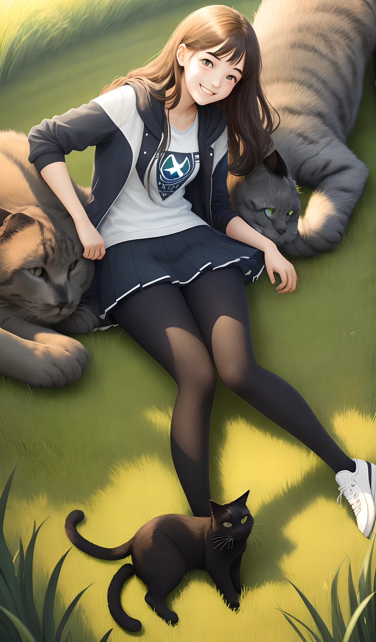rays of sunshine，grassy fields，Sunny and cheerful teenager，Holding a black cat