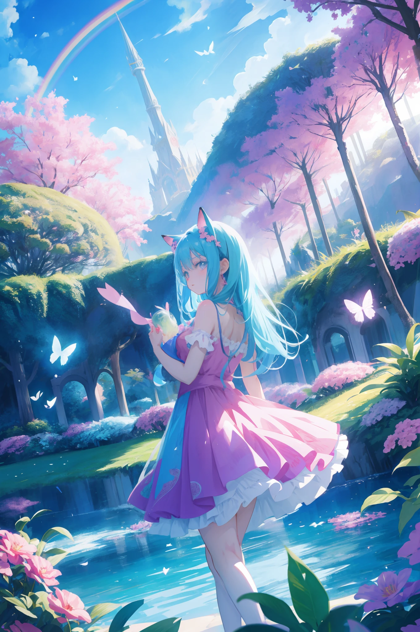 Anime girl in a pink dress standing in front of a pond, estilo anime 4K, muito bonita ****** gato anime, Anime Art Wallpaper 4K, Anime Art Wallpaper 4K, Anime Art Wallpaper 8K, anime de fantasia bonito, arte de fantasia de anime, anime fantasy illustration, gato anime bonito, anime bela cena de paz, Anime Wallpaper 4k, 4k anime wallpapers