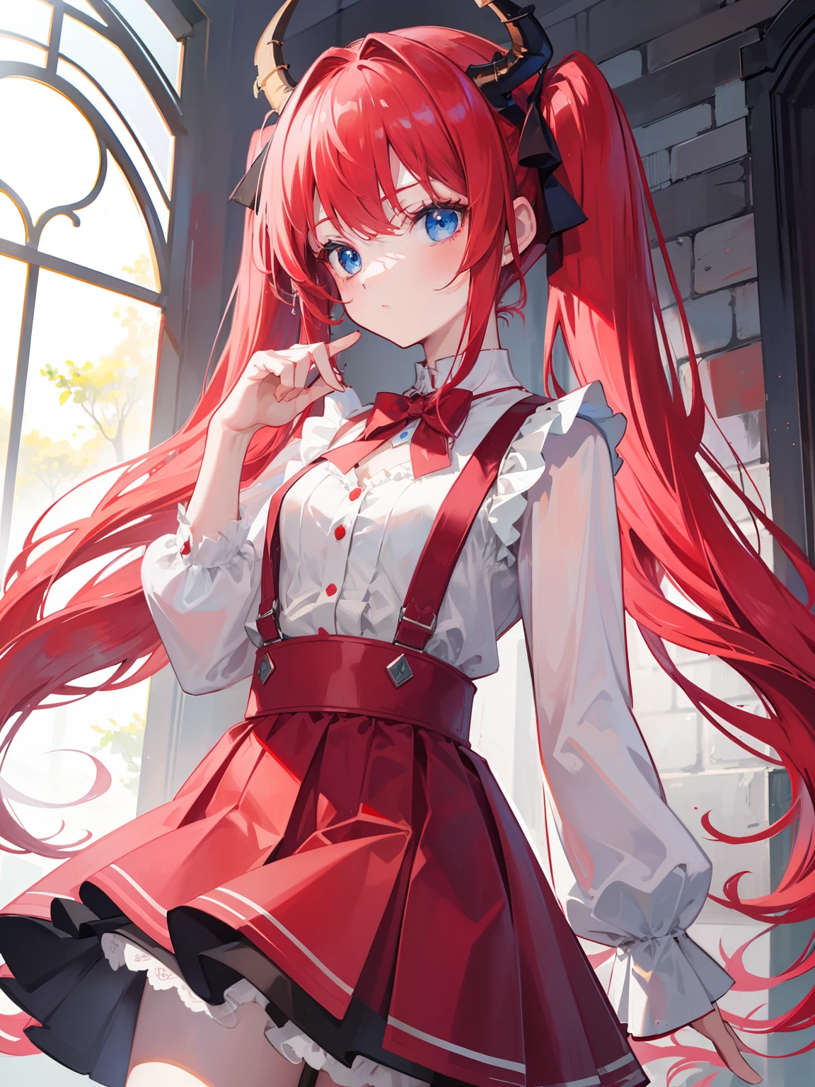 {{best quality}}, {{masterpiece}}, {{ultra-detailed}}, {illustration}, {detailed light}, red hair,blue eyes,twintails,lolita,Suspenders skirt,Fantastic,loli,solo,Dragon horns,little girl,long hair