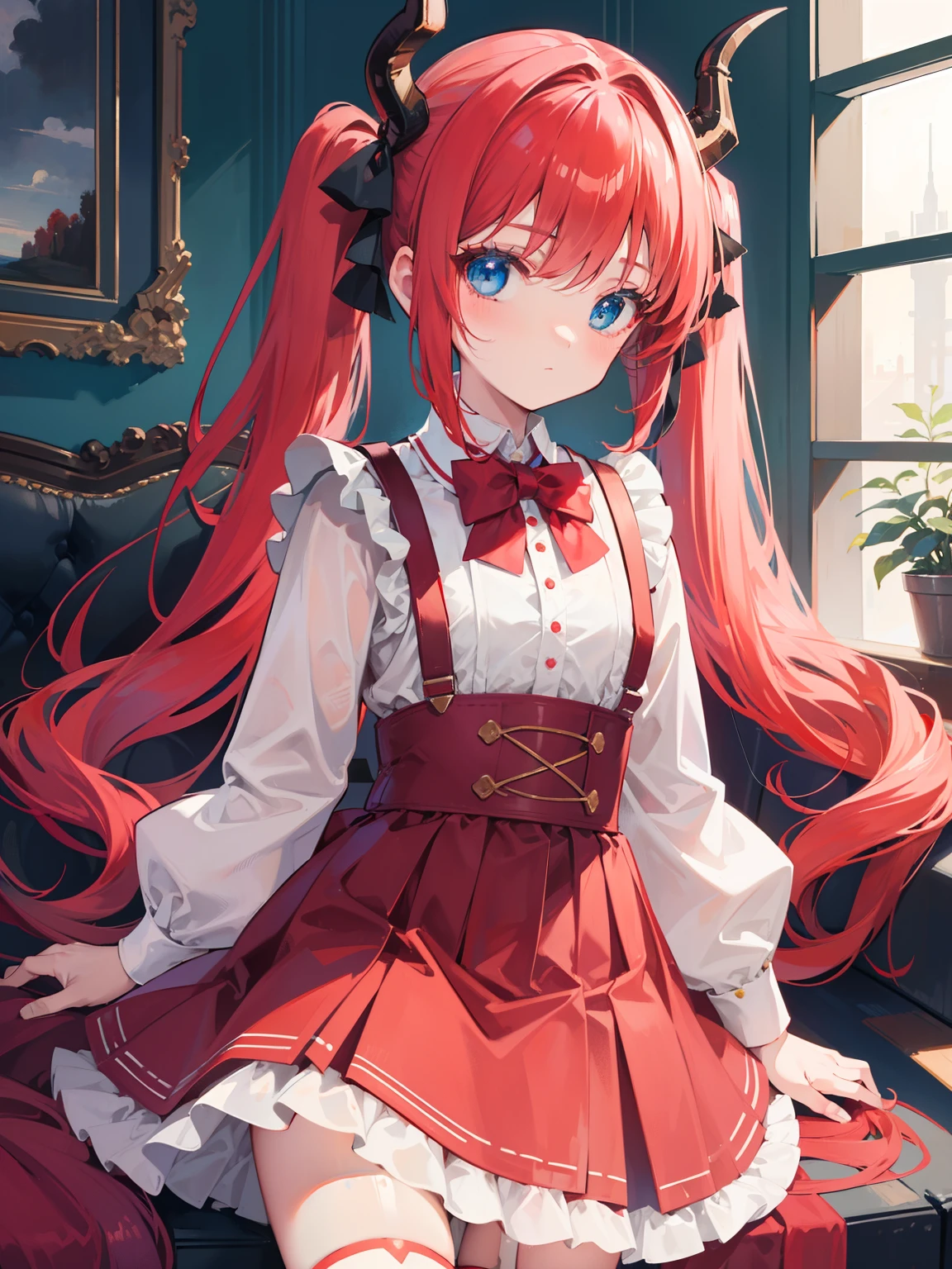 {{best quality}}, {{masterpiece}}, {{ultra-detailed}}, {illustration}, {detailed light}, red hair,blue eyes,twintails,ta,Suspenders skirt,Fantastic,lolio,Dragon horns,little gir