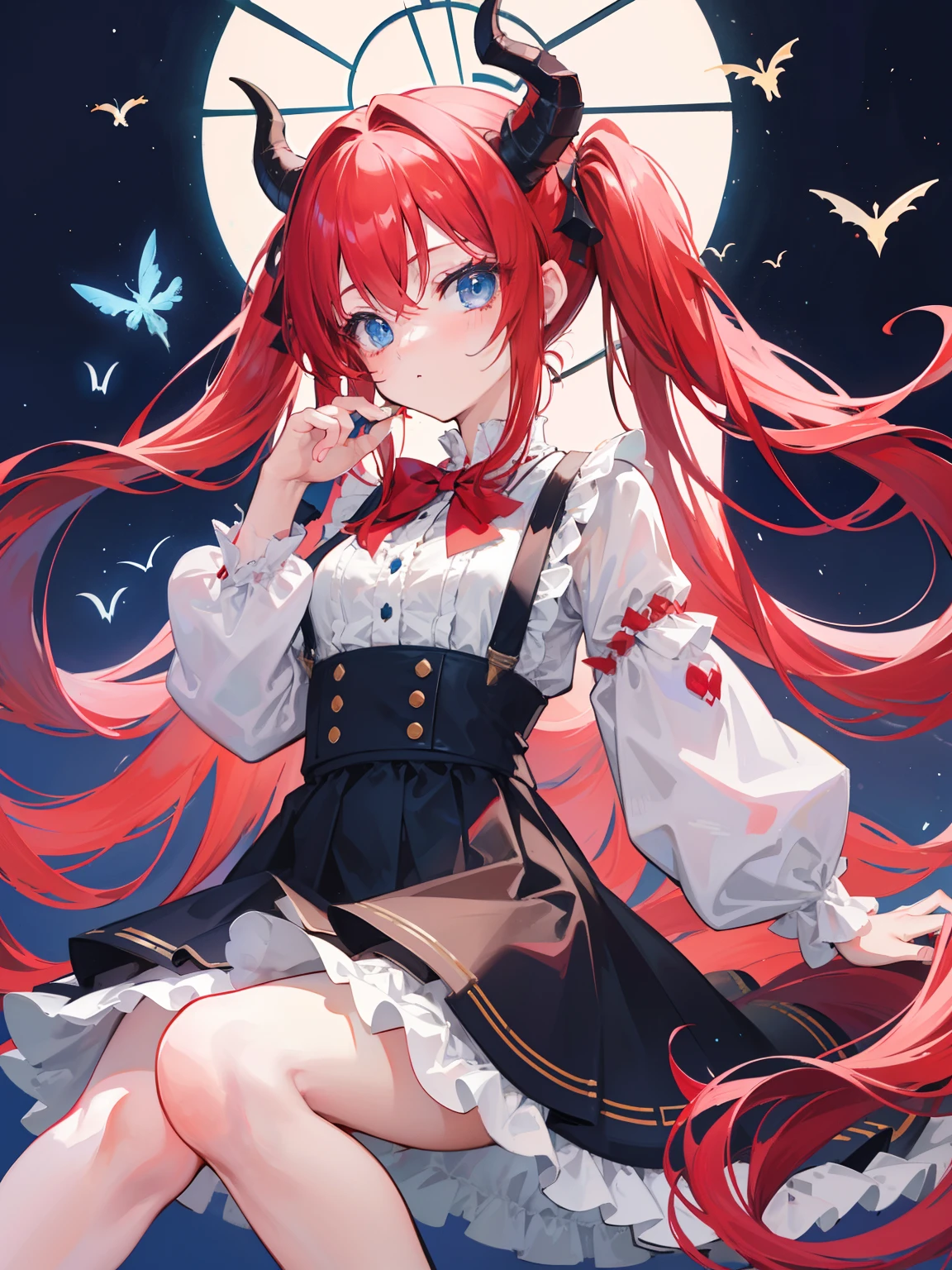 {{best quality}}, {{masterpiece}}, {{ultra-detailed}}, {illustration}, {detailed light}, red hair,blue eyes,twintails,lolita,Suspenders skirt,Fantastic,loli,solo,Dragon horns,little girl,long hair