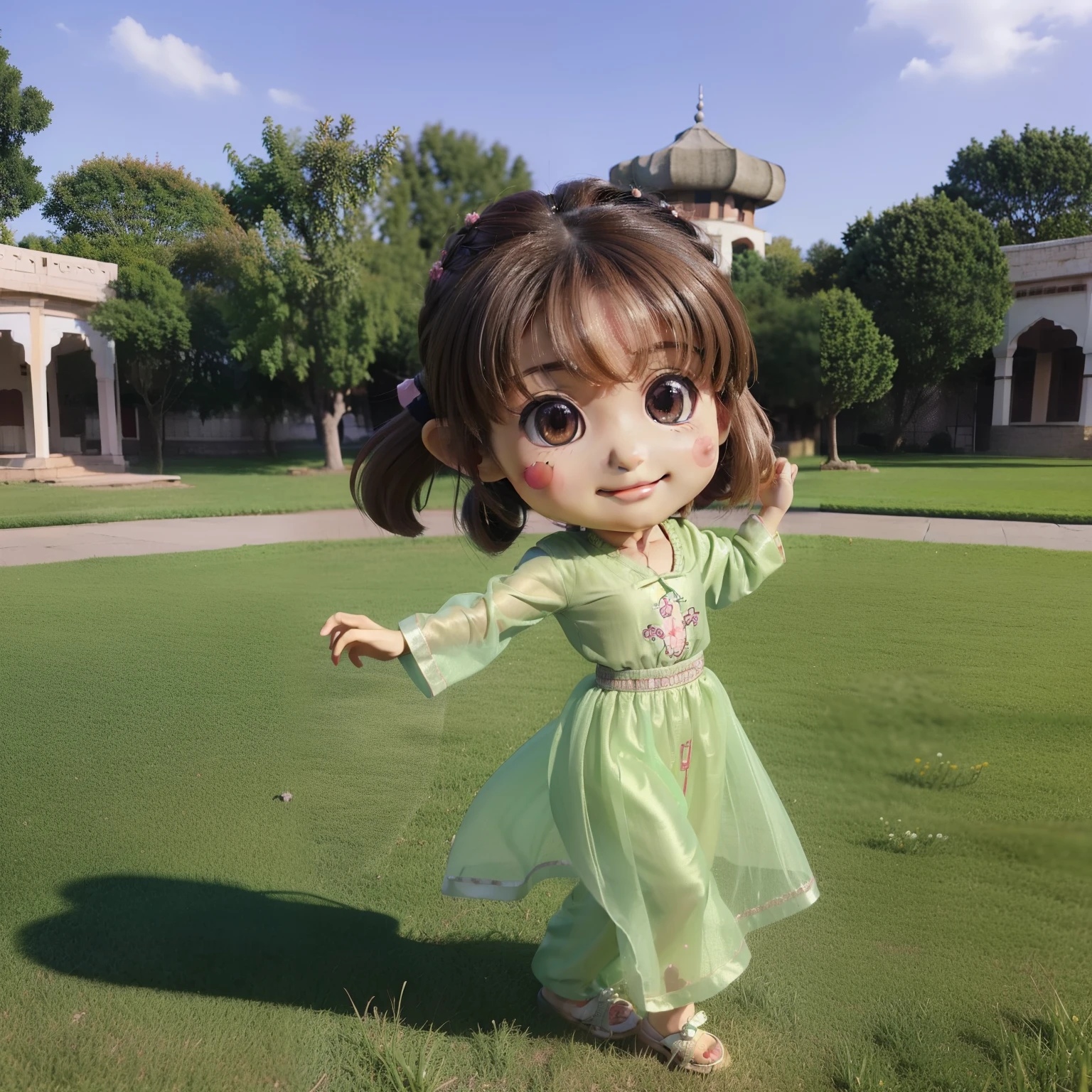 (((chibi 3d))) (Very cute and beautiful chibi anime petite:1.5)//Wearing Pakistani traditional costume salwar kameez,She has pale beige hair in braids,The best smile,Dancing,Photo 8k,Green prairie on background