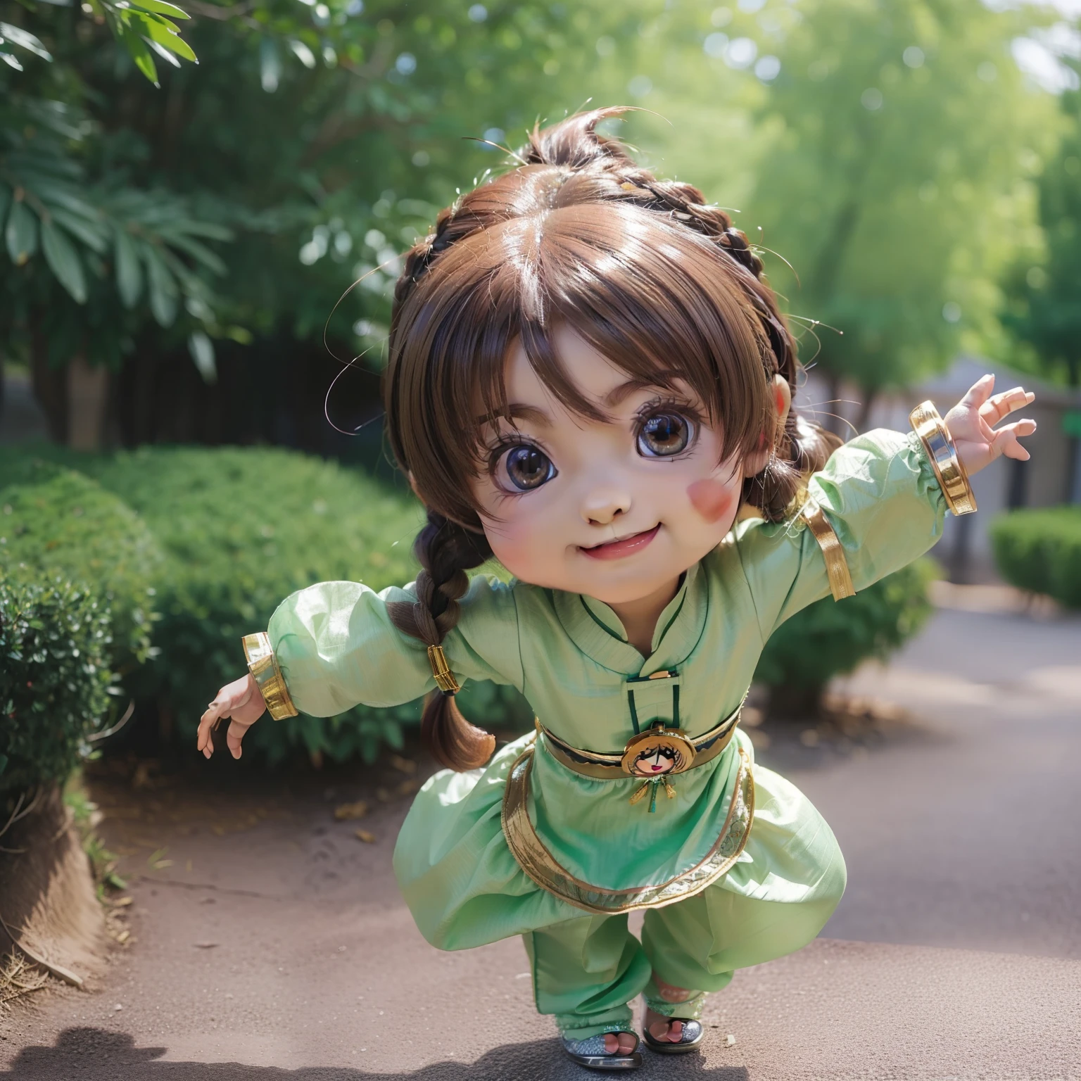 (((chibi 3d))) (Very cute and beautiful chibi anime petite:1.5)//Wearing Pakistani traditional costume salwar kameez,She has pale beige hair in braids,The best smile,Dancing,Photo 8k,Green prairie on background