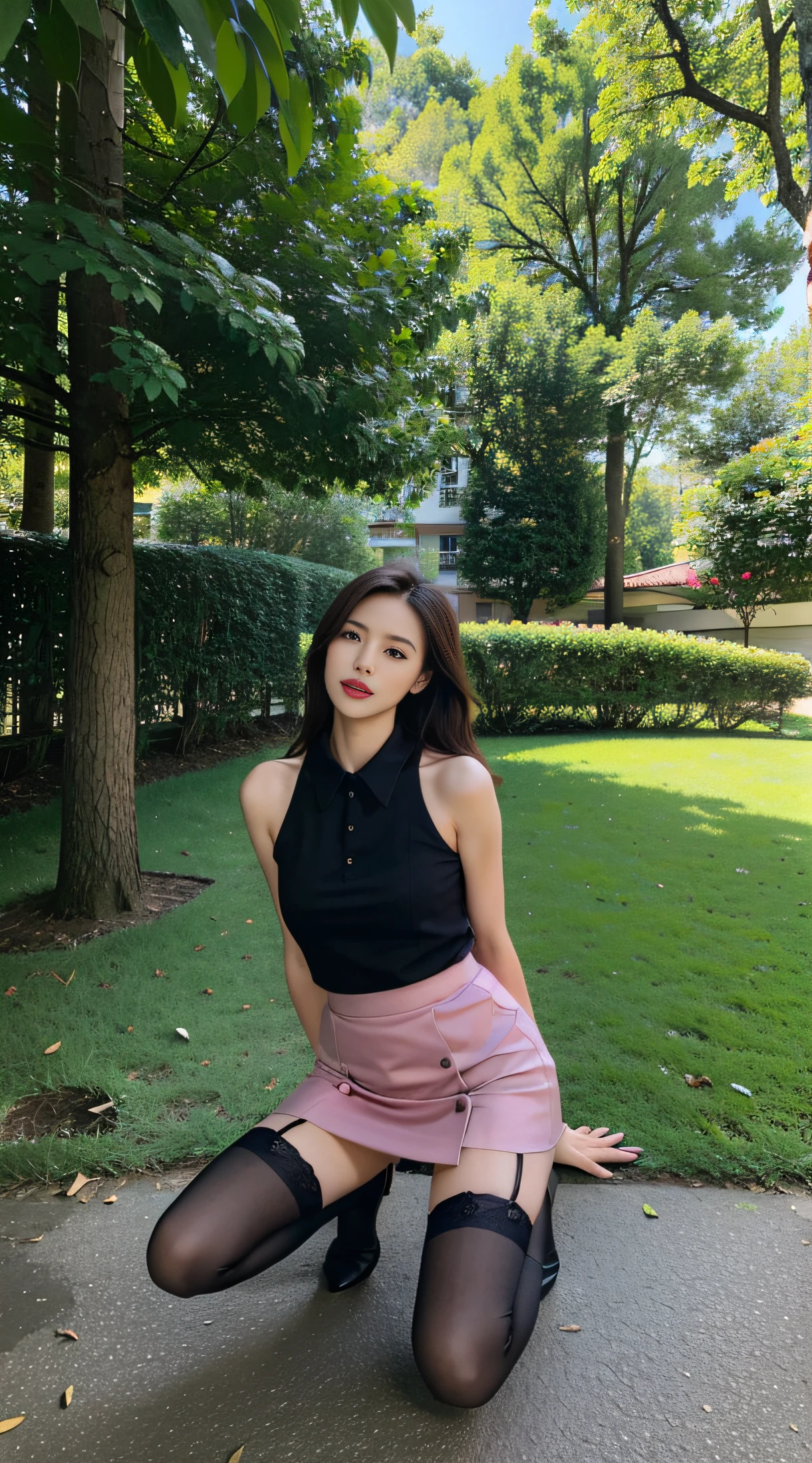 best qualtiy, Full body like,Refined face,pretty face,25-year-old woman,slimfigure,Smaller bust,JK skirt,black lence stockings,Outdoor scene,Brace your hands on the ground,Kneeling pose,Tilt your head back,The tongue is pink,Stretch slightly