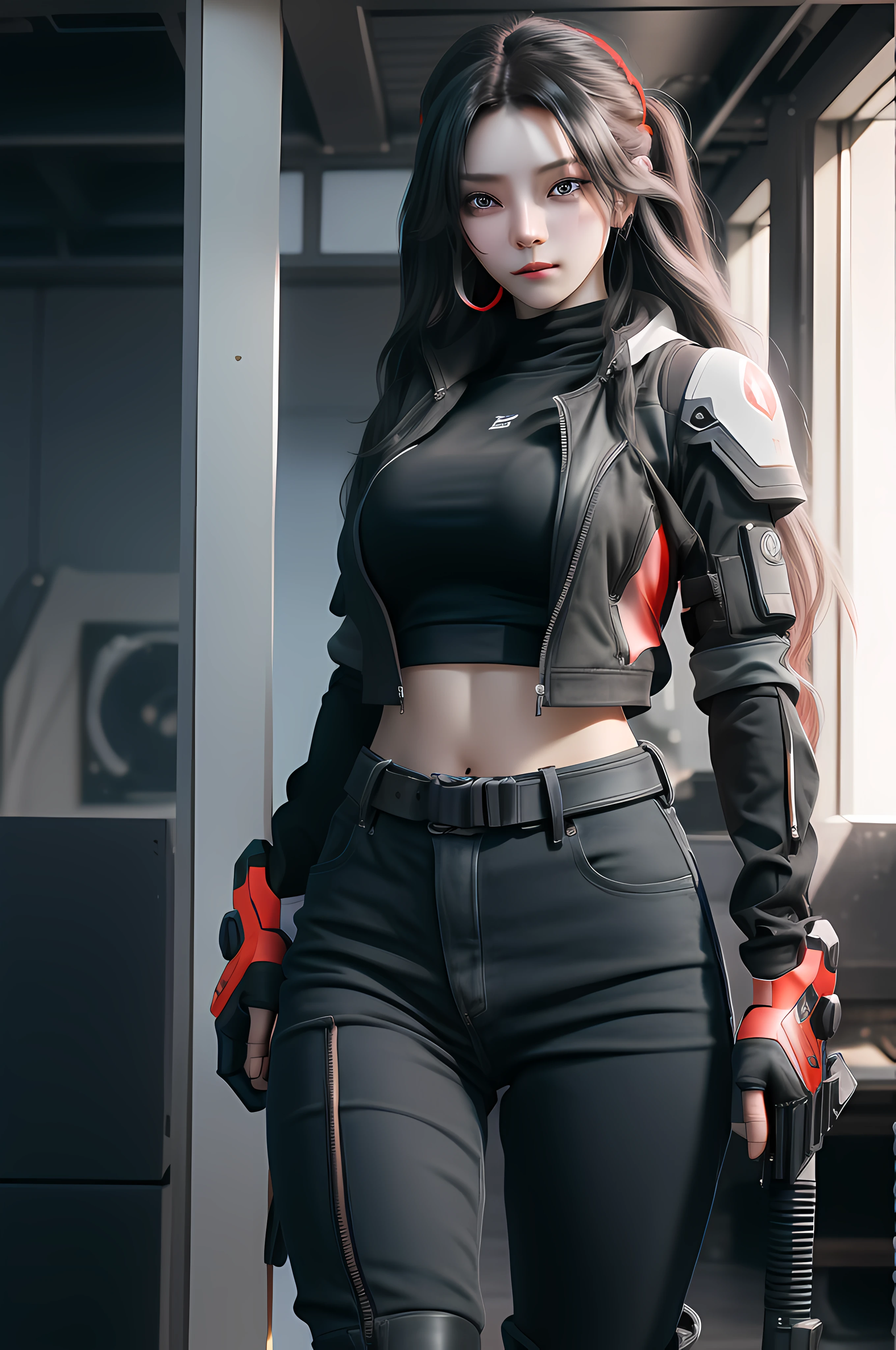 This is a CG Unity 8k wallpaper with ultra-detailed, high-resolution and top quality in cyberpunk style, dominated by black and red. In the picture, a beautiful girl with long hair with white messy hair, a delicate face, wearing a steam mecha mask, standing on the ruins, (battle damage: 2.5), and the action of a woman holding a heavy sniper rifle in her hand,