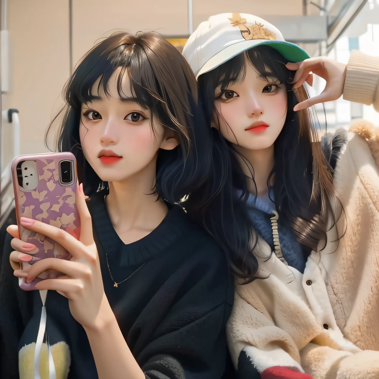 Two Asian women take selfies with their phones, ulzzangs, sakimichan, personal profile picture, She has black hair，By bangs, With bangs, nixeu and sakimichan, Cai Xukun, zmonzheng, two models in the frame, e - girl, E-Girl, short detailed hair，By bangs, tidy hair，By bangs