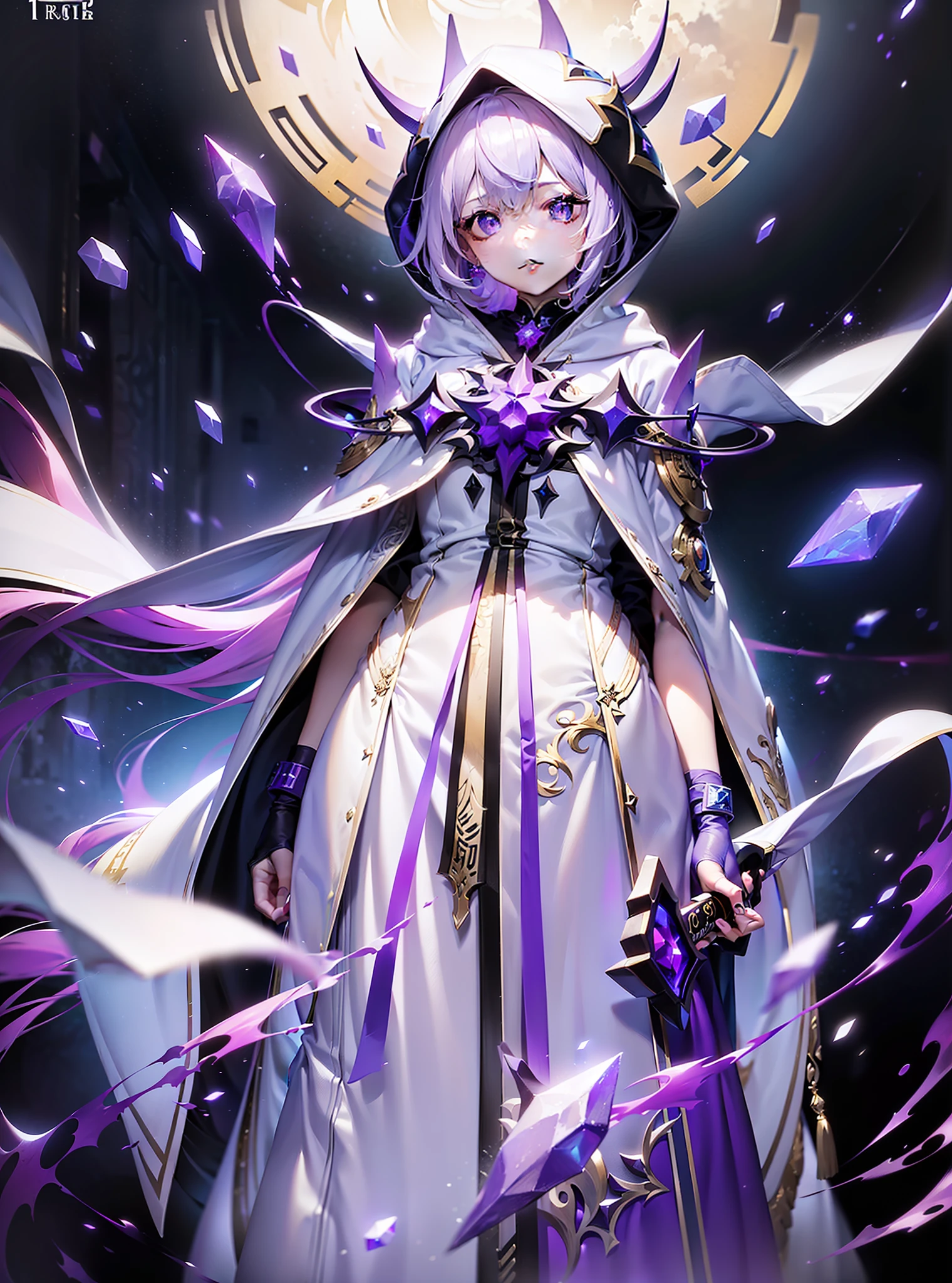 (tmasterpiece,best qualtiy,style of anime,a sense of atmosphere,higher details,cg render,Standing painting,Ray traching,Divine sense top light)(White color hair,long whitr hair,Purple pupils,White hooded cape,Cover the whole body,Non-juveniles)(The background is a huge purple space)(There are purple crystals around)