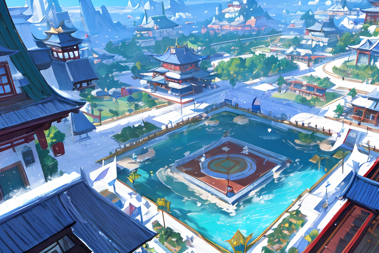 Tournament Platform,In the middle of the square is a circular platform,Clean and tidy floor tiles,a paradise,In the daytime,Behind it is ancient Chinese architecture,Blizzard gameplay style,Chinese landscape,chinese style