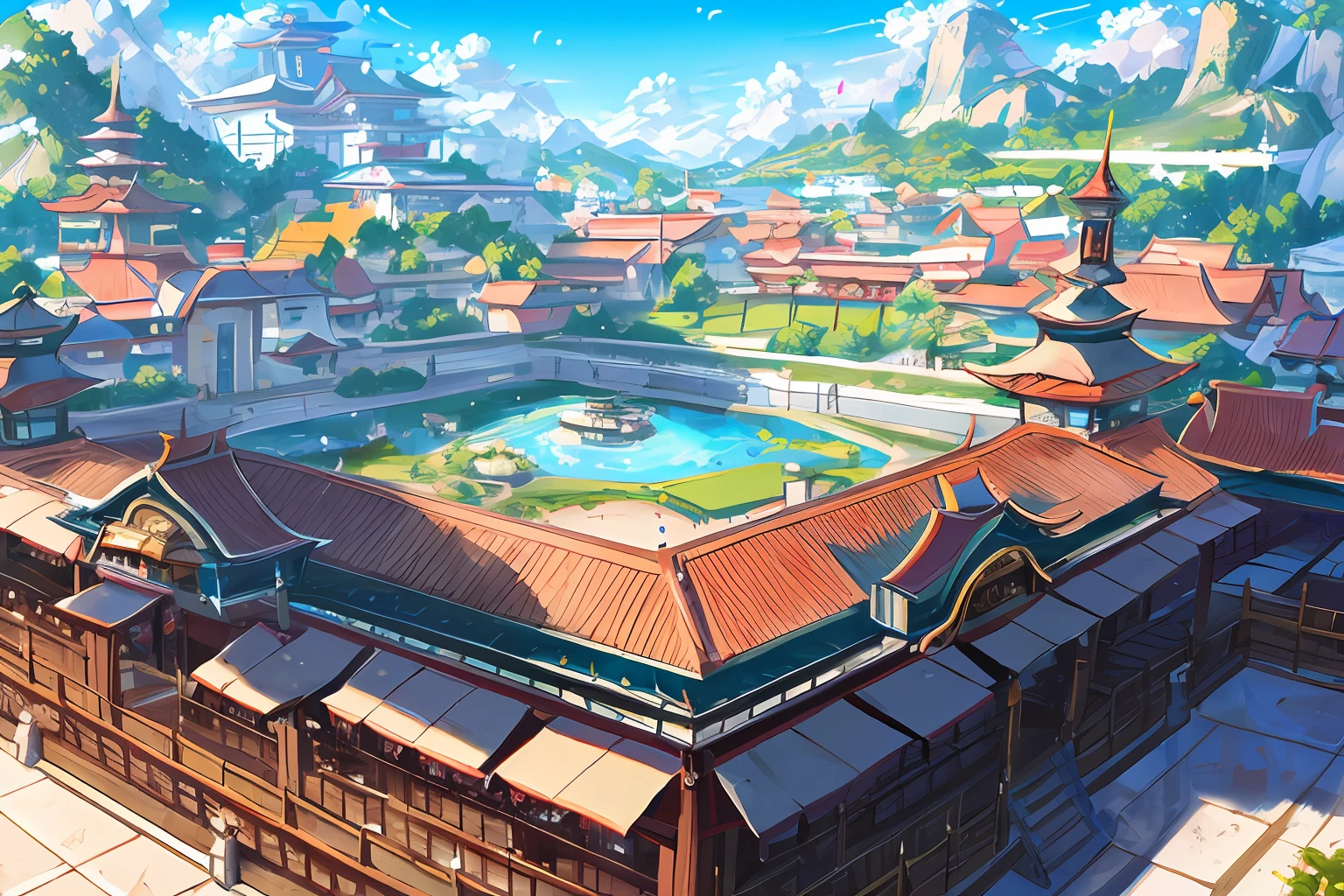Tournament Platform,In the middle of the square is a circular platform,Clean and tidy floor tiles,a paradise,In the daytime,Behind it is ancient Chinese architecture,Blizzard gameplay style,Chinese landscape,chinese style