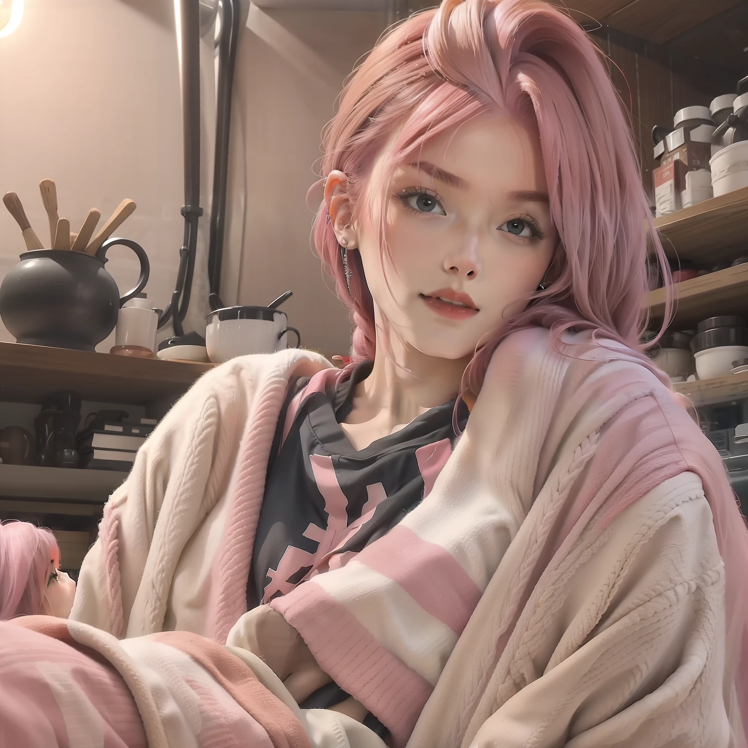 Beautiful woman doing pink hair on sofa