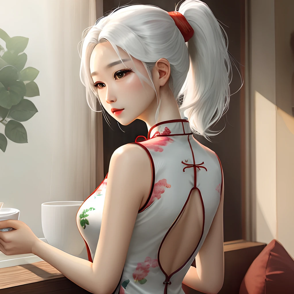White hair double ponytail cheongsam