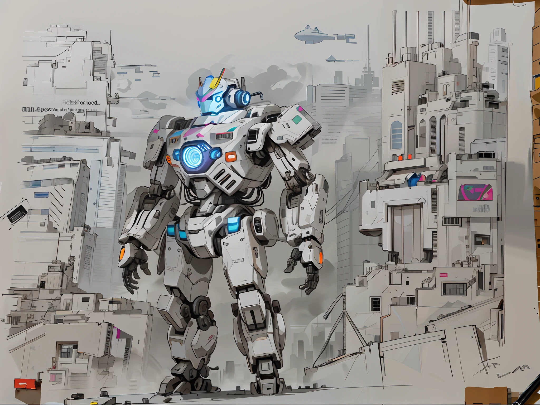 There is a drawing of a robot standing in front of the city, Colorful city