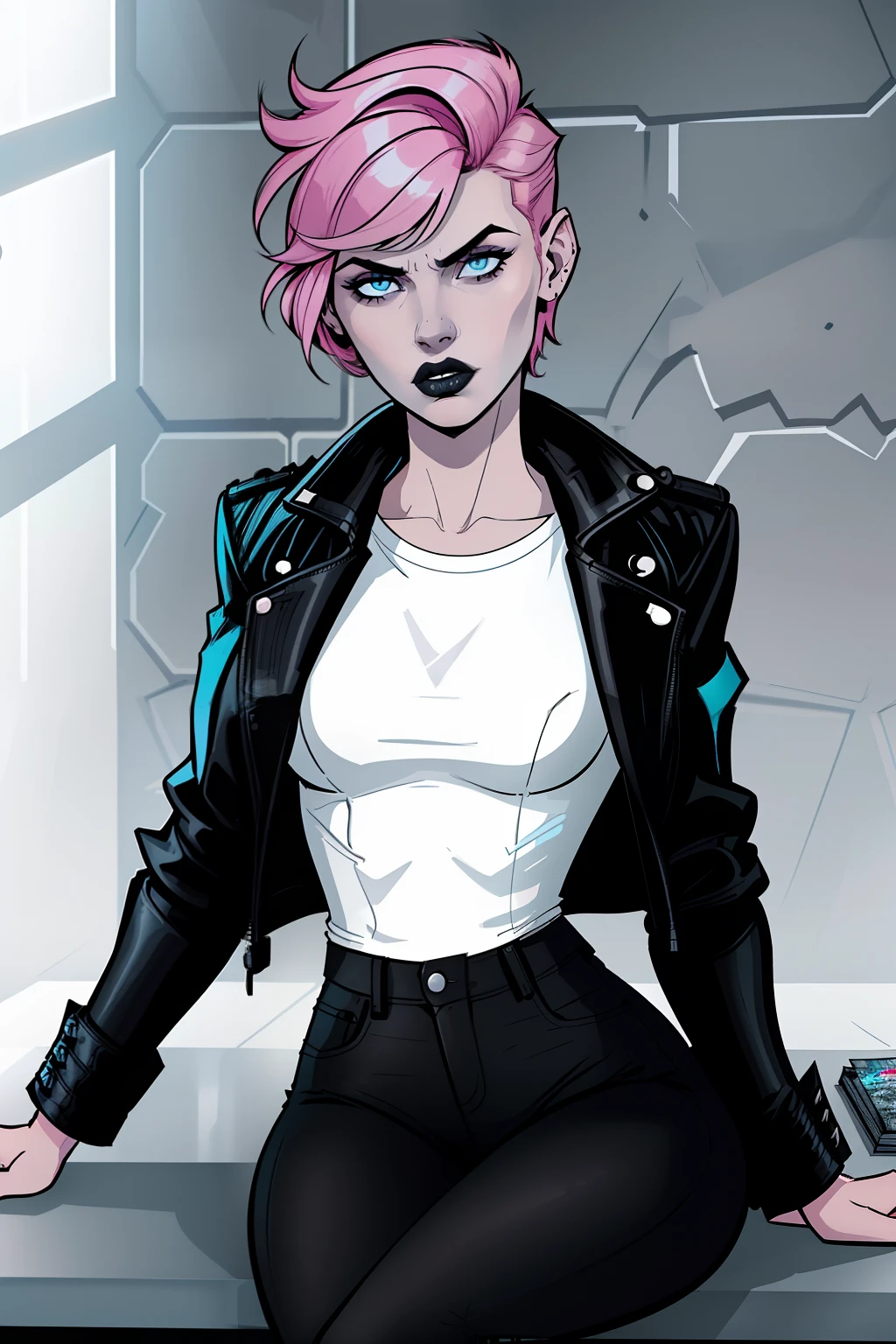 woman, sitting, inside a jail, pale blue eyes, detailed short pink hair Short Side Comb haircut, angry expression, black lipstick, small tits, wearing a leather jacket, black pants, shirt, white shirt, comic book style, flat shaded, prominent comic book outline linework